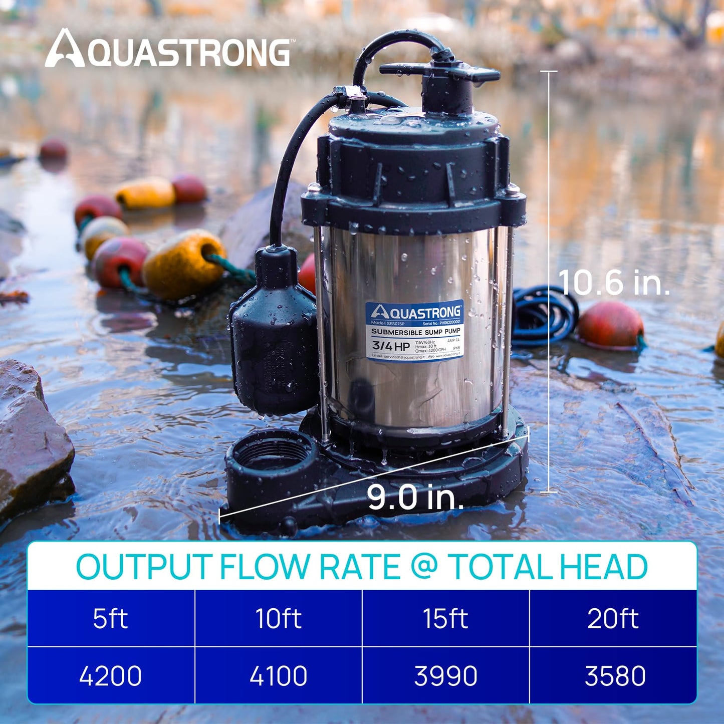 AQUASTRONG 3/4 HP Sump Pump, 4200 GPH Stainless Steel and Thermoplastic Submersible Water Pump, Automatic Float Switch with Piggy-back Plug,1-1/2" NPT Discharge Subpumps for Basement and Flooding Area