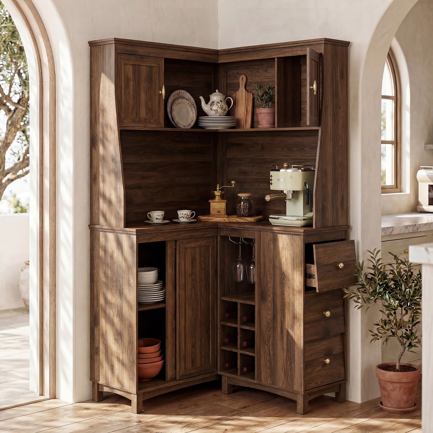 STO’Sense 71" Tall Corner Cabinet w/Charging Station,L-Shaped Kitchen Pantry Storage Cabinet w/3 Drawers,Countertop,Wine Rack,Shelves,Glass Holder&Sliding Door, Large Microwave Stand Hutch, Walnut