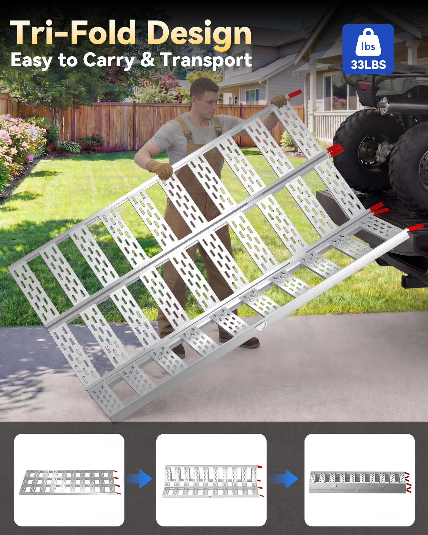 KOLOTOOL Tri-Fold Aluminum Loading Ramp for Pickup Trucks & Trailers, 1500 lbs Capacity Folding Ramp for Motorcycles, ATV, Lawn Mowers, Small Tractors & Golf Carts, 76''L × 50''W, Anti-slip Rust-proof