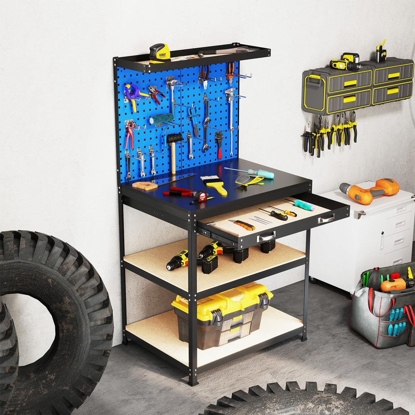 Goplus Workbench with Drawer, 32" x 16" Heavy-Duty Work Table with 2 PCS Pegboard & 4 Shelves, 19 Hanging Hooks, 495LBS Capacity, Metal Tool Storage Work Bench for Garage, Workshop, Home