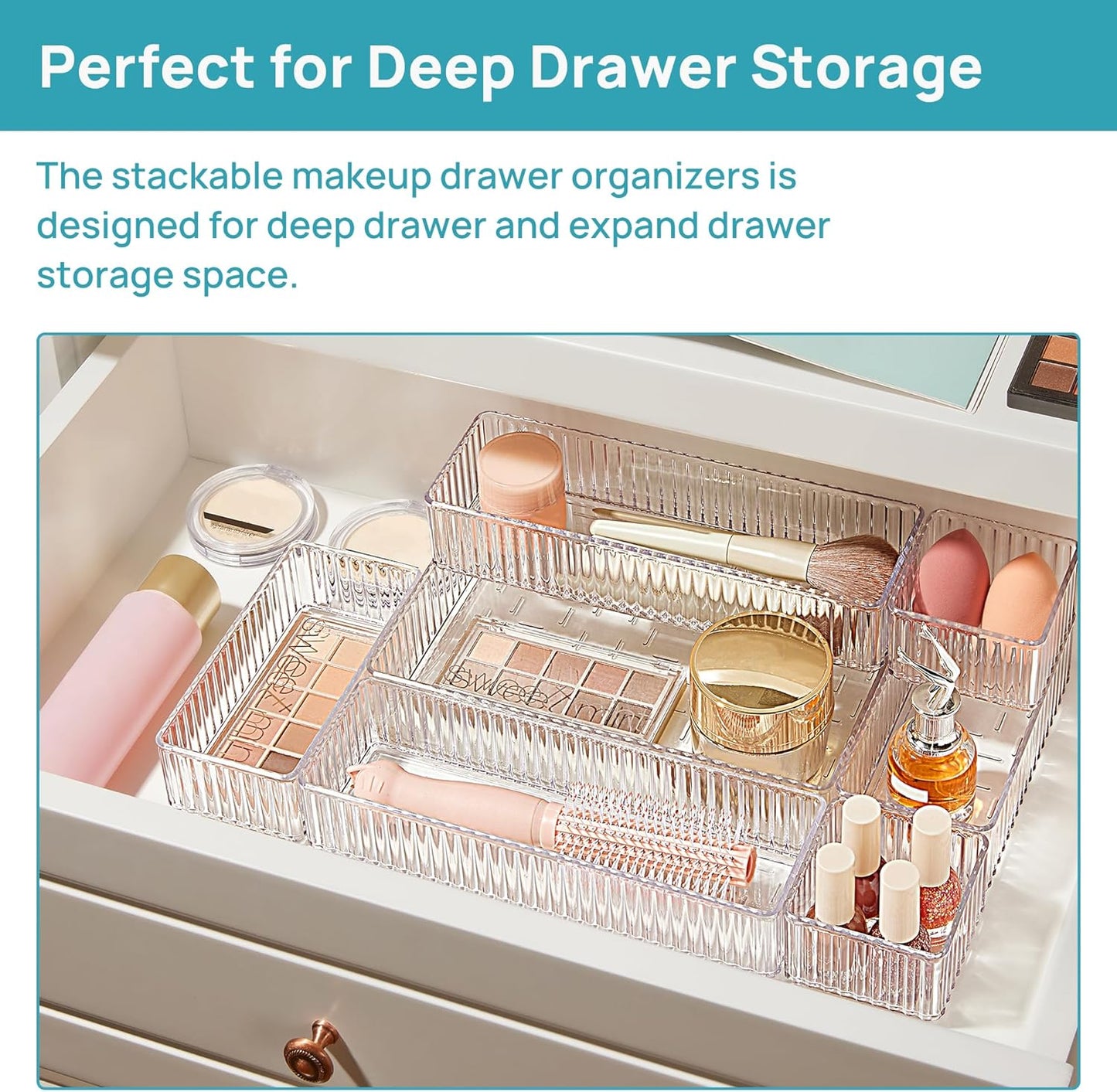 Vtopmart 7-Piece Clear Drawer Organizer Set - Stackable Acrylic Storage Bins for Makeup, Office Supplies & Kitchen Utensils