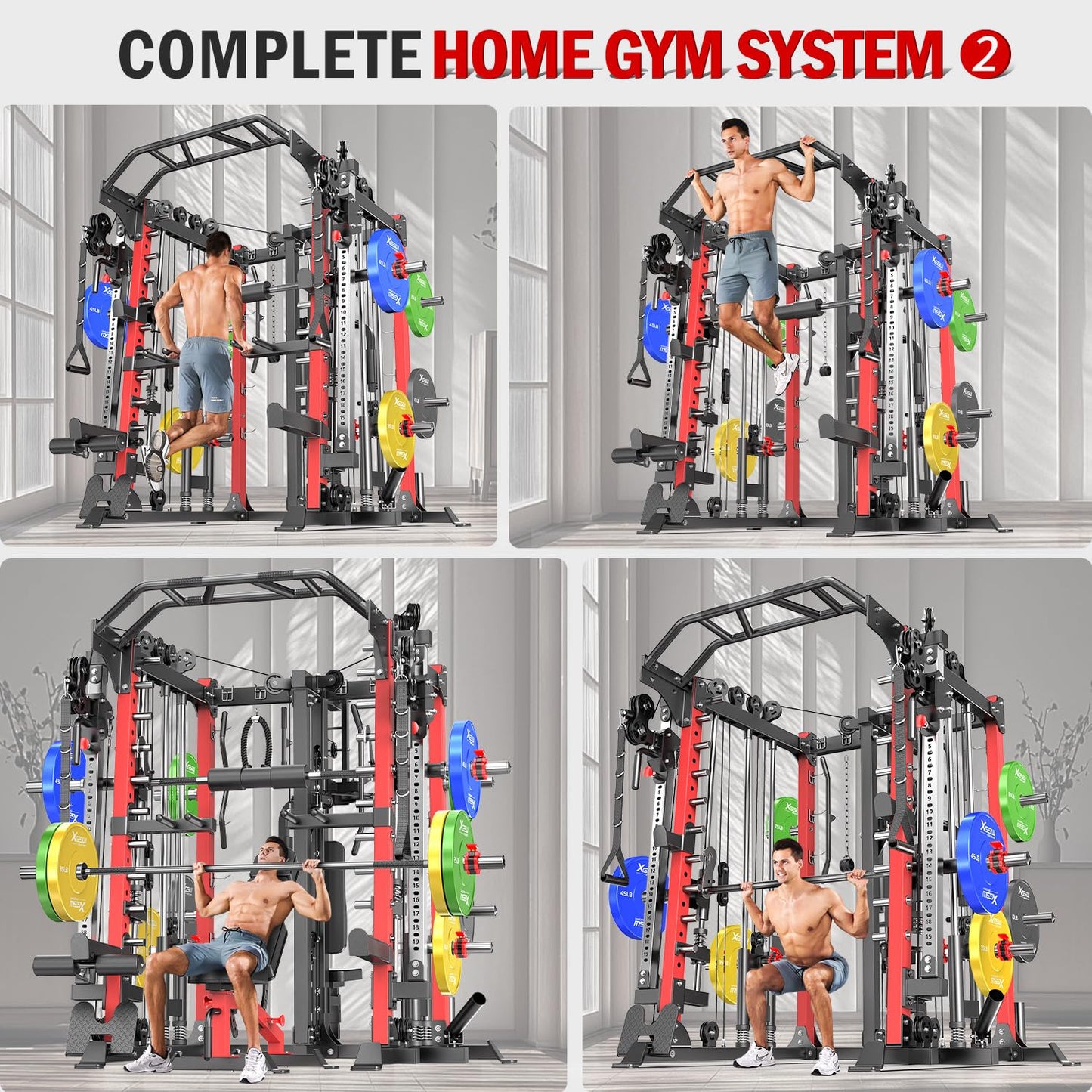 Smith Machine with Cable Crossover System, Multi-Function Squat Rack Power Cage for Home Gym, Power Rack and Packages Weight Sets (Red, L07-Smith Machine+Bench+(Pole+Cast lron) 341LBS)