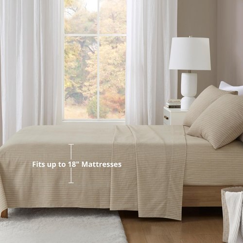 Beautyrest Cotton Sheet Set Cozy Print 100% Cotton Flannel Sheets Warm & Fuzzy Bedding Set, Oversized Sheets, Deep Pocket Fits Up to 16" Mattress Queen Bed Sheets Queen Beige/White Stripes 4 Piece