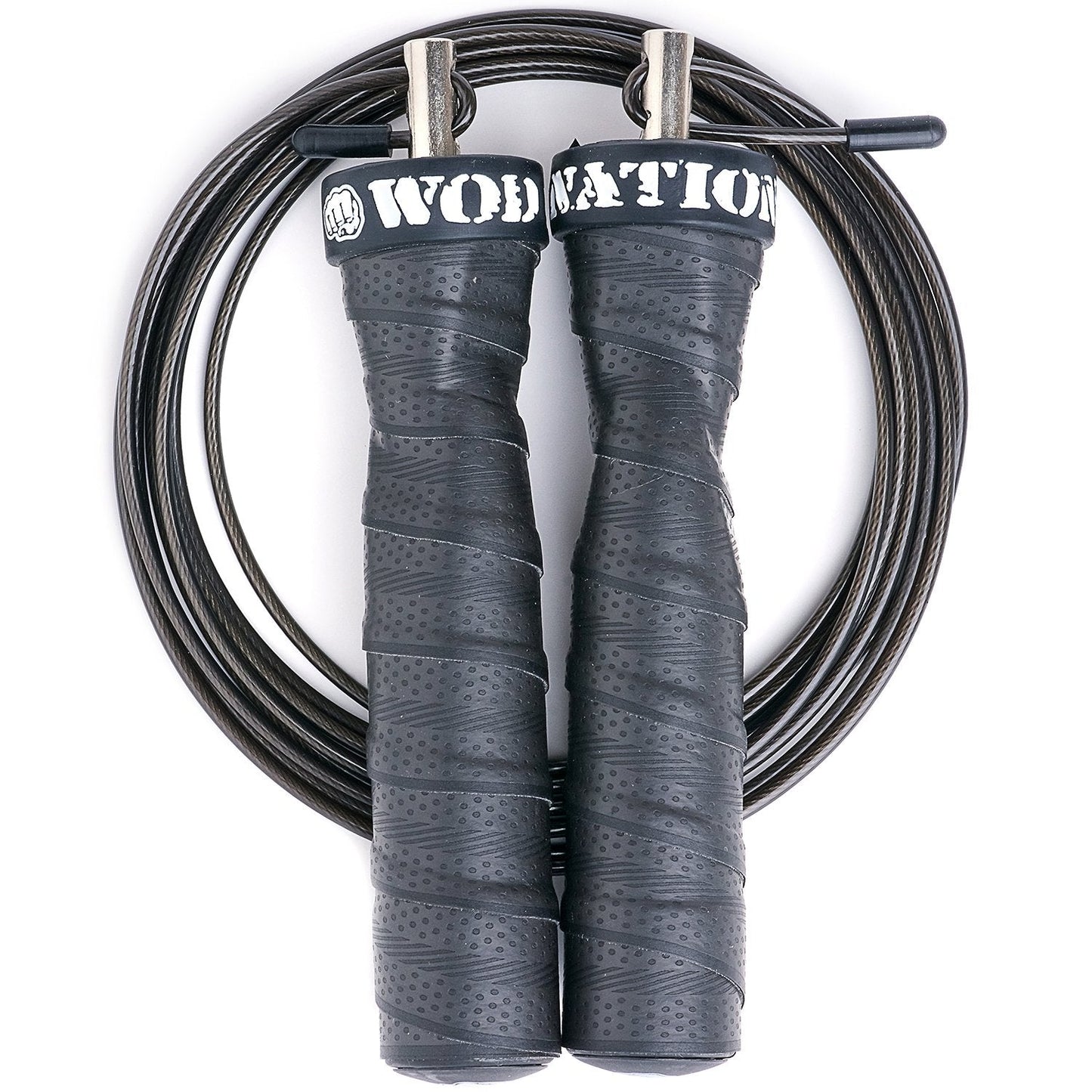 WOD Nation Jump Rope - Black Alloy Steel Handles - 11 ft, 2.2 mm & 3.3 mm Cables - Weighted & Speed Cable System for Fitness Skipping Rope Men & Women