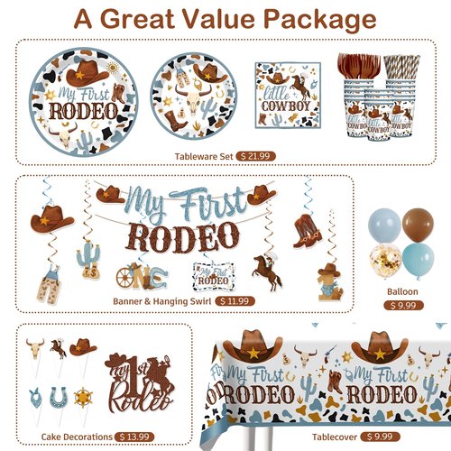 171 PCS My First Rodeo Decorations Boy, First Rodeo Birthday Tableware Set with Cake Topper, Cupcake Topper, Tablecloth, Plates and Balloons for Boy 1st Birthday Decorations