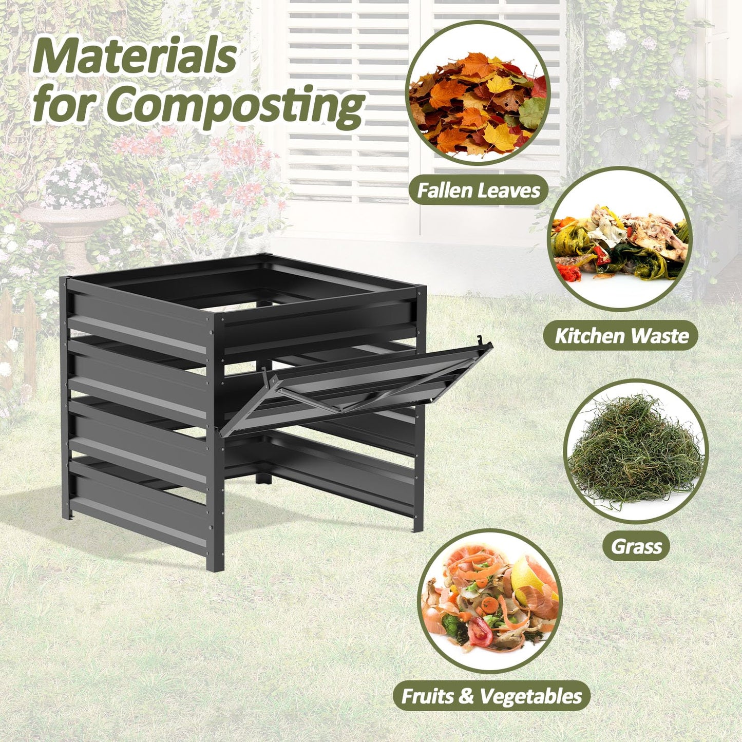 Trellume Compost Bin Outdoor - 285 Gallon Composter with Rust-Proof Coating, Painted Finish, Large Compost Bin for Producing Fertilizer from Kitchen Waste and Fallen Leaves（Metal）