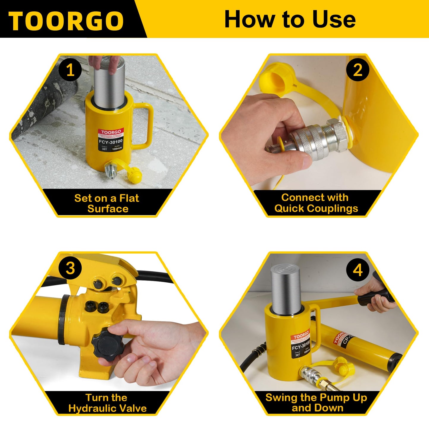 TOORGO 30T 4Inch Stroke Porta Power Single Acting Lifting Cylinder for Shipbuilding, Machinery and Industry,Automatically Retract Split Hydraulic Cylinders Jacks, Yellow