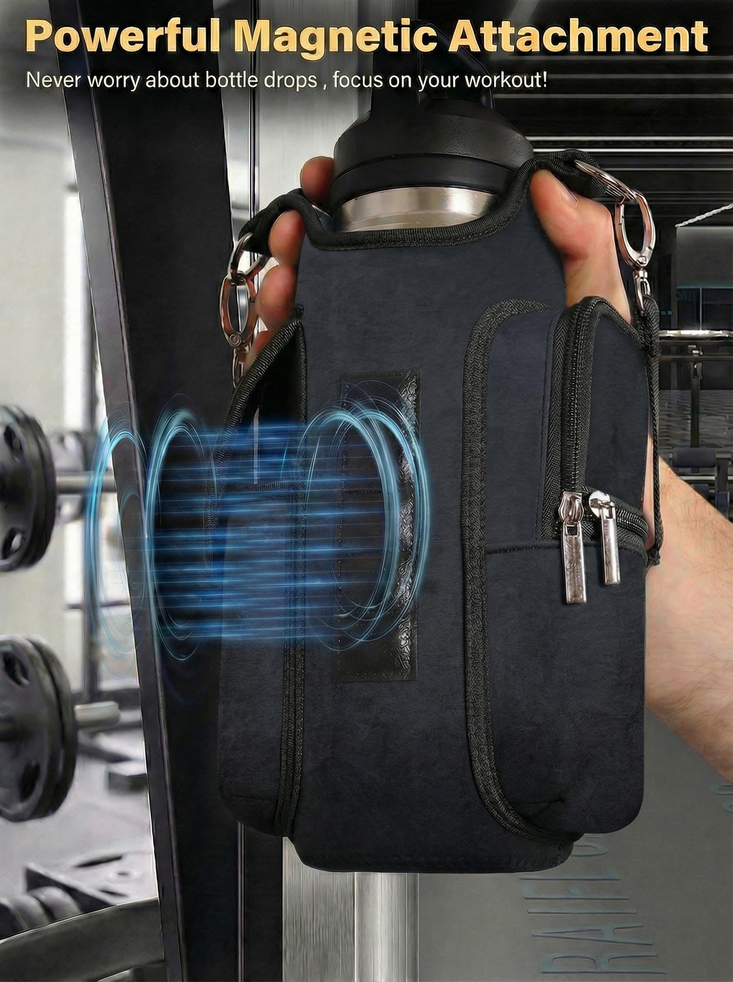 AORTDES Magnetic Gym Bag Water Bottle Holder for 18-40 oz Bottles, Neoprene Pouch with Phone Pockets, Workout Gym Accessories for Men Women,Small Gym Bag Essentials (Industrial Black)