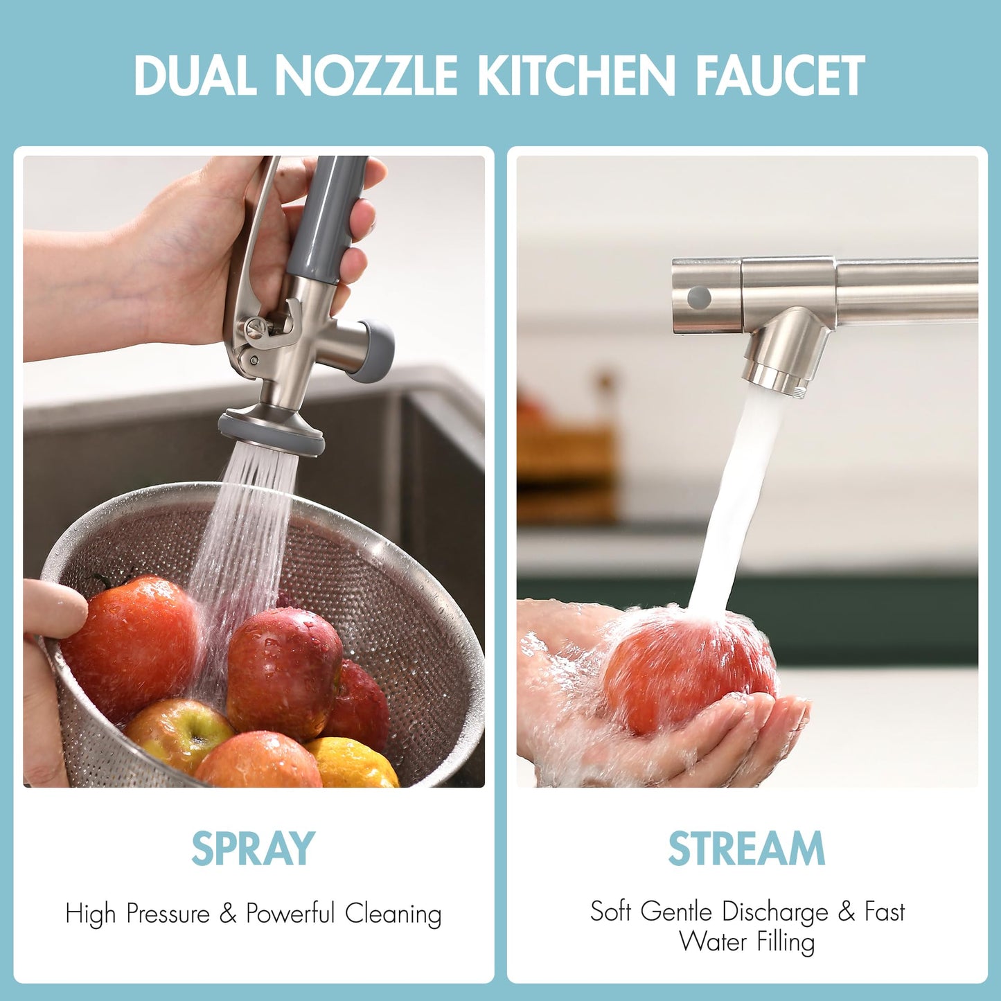 GIMILI Commercial Kitchen Faucet with Pull Down Sprayer, Double Headed Single Handle High Pressure Kitchen Faucet with Soap Dispenser Brushed Nickel
