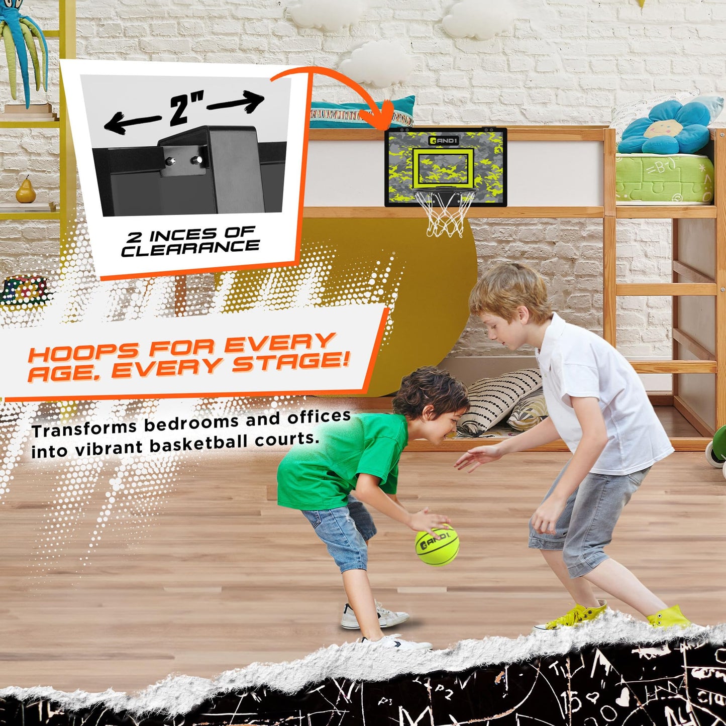AND1 Over The Door Mini Hoop: - 18”x12” Pre-Assembled Portable Basketball Hoop with Flex Rim, Includes Two Deflated 5” Mini Basketball – Volt/Black (5A1GT0110F0E2)