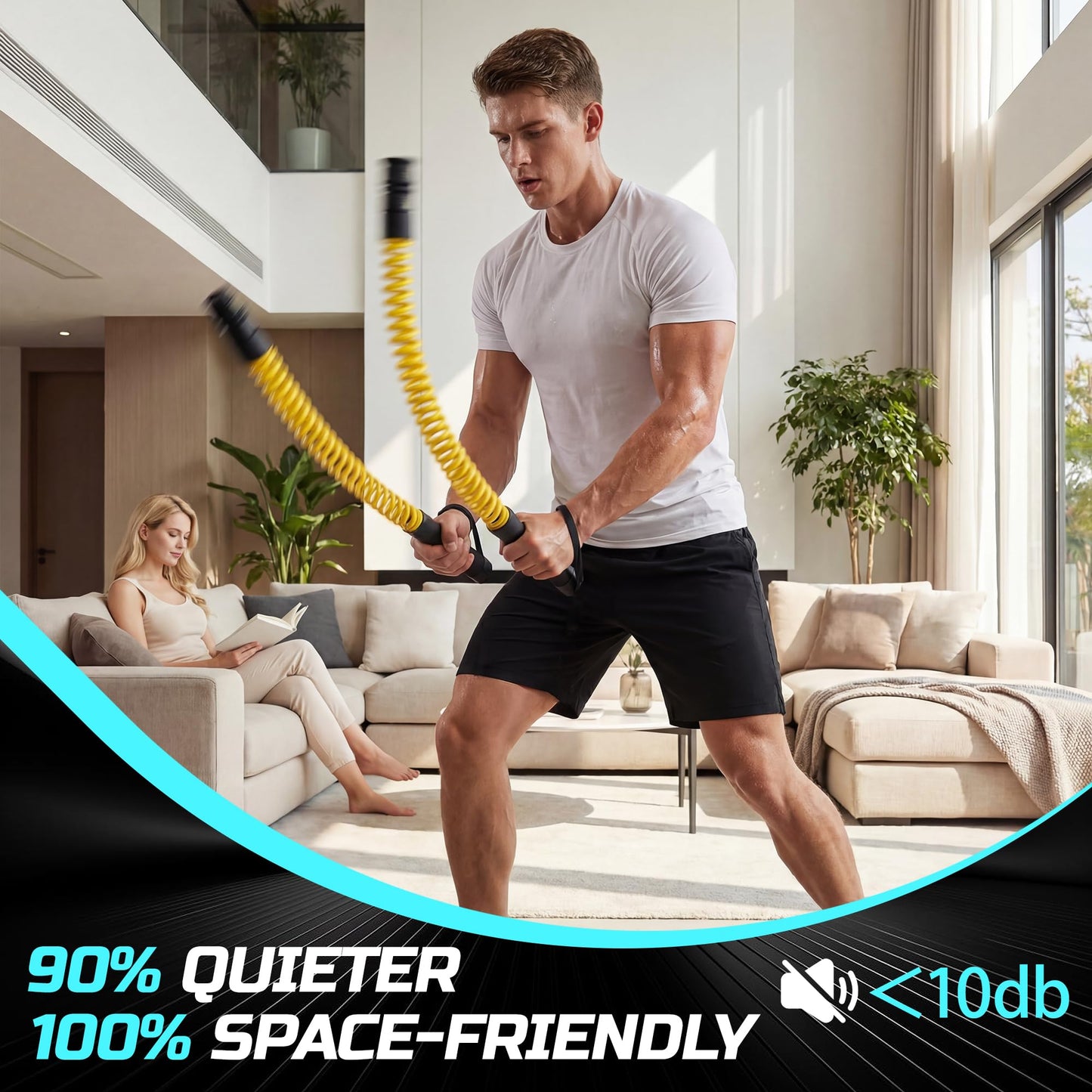 Weighted Cordless Battle Ropes for Home Gym & Apartment with 3 Adjustable Resistance Levels-Ropeless Battle Ropes for Strength Training,HIIT,Full Body Exercise Includes Workout Guide & Storage Bag