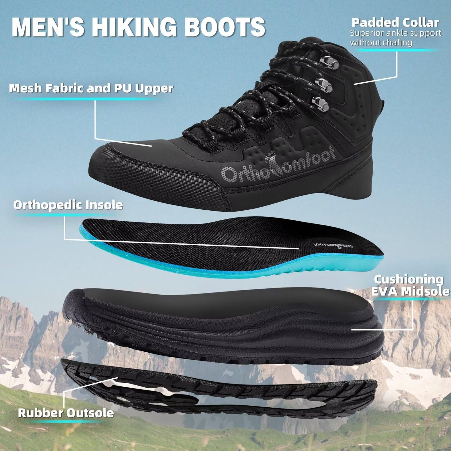 Men's Orthopedic Wide Mid Trekking Hiking Boots: Comfortable Plantar Fasciitis Orthotic Arch Support Bunions Recovery Sport Boot, Leisure Slip Resistant Outdoor Hang Out Walking Shoes Black Size 11
