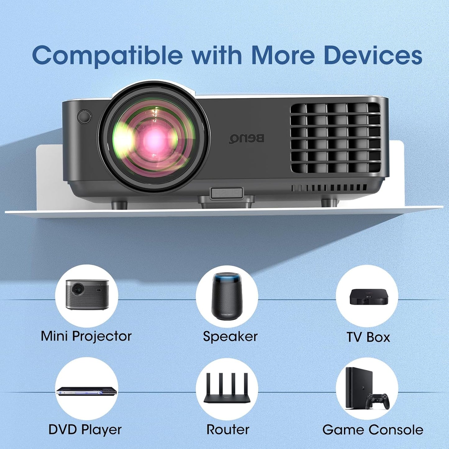 Compact White Projector Shelf - Wall Mount Floating Rack with Cable Ties