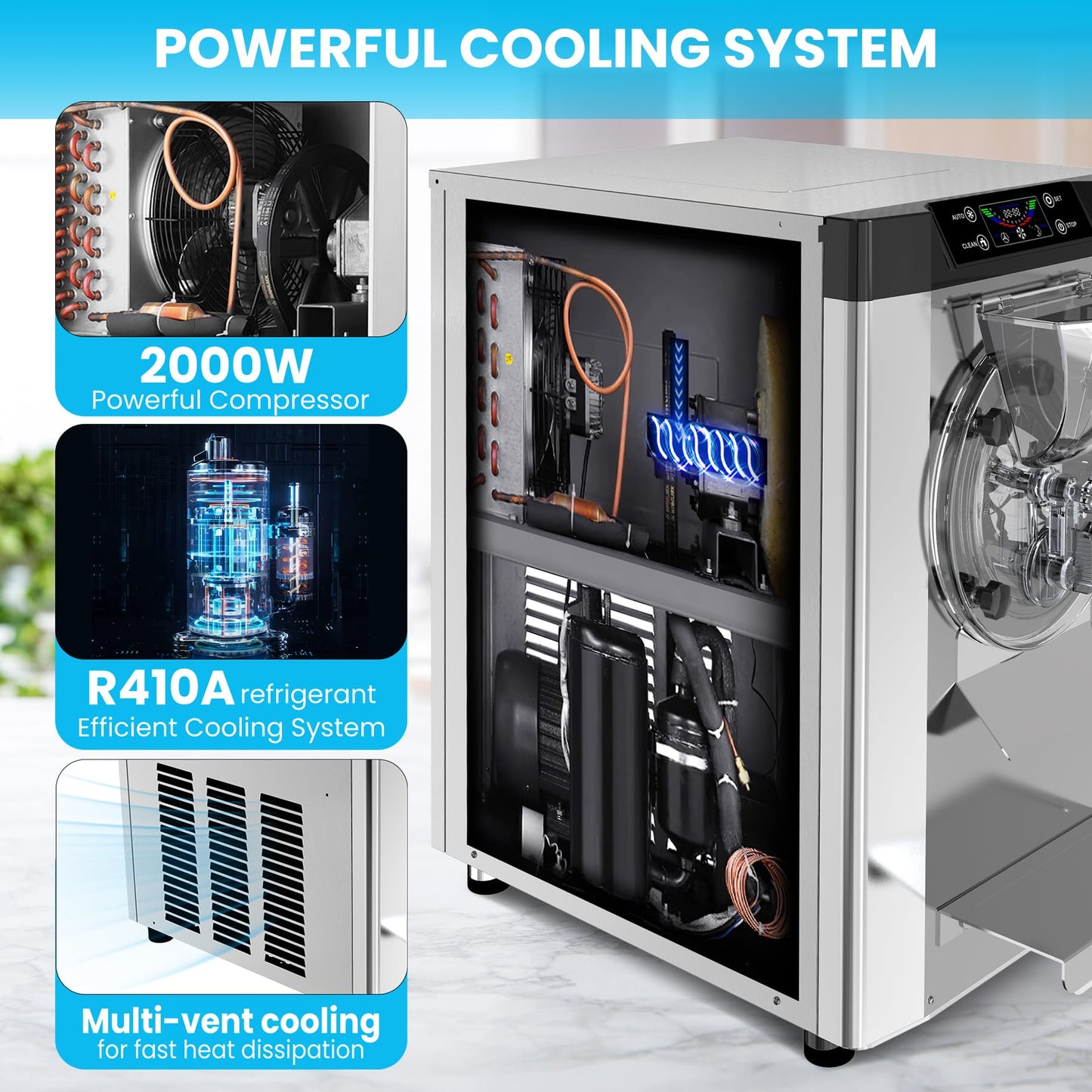Patikuin 2000W Commercial Ice Cream Maker - Single Flavor Countertop Gelato Machine with LCD Touchscreen - 4.8-6.3 Gal/Hr Output - Automatic Cleaning - High Productivity for Snack Bars & Restaurants