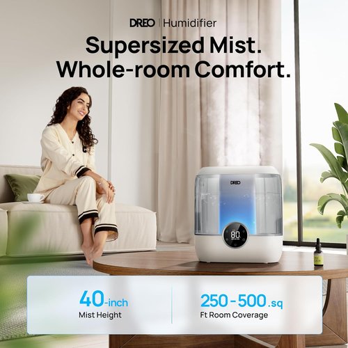 DREO 6L Top Fill Humidifier - Quiet 28 dB Cool Mist for Large Rooms | 60-Hour Runtime, Easy to Clean