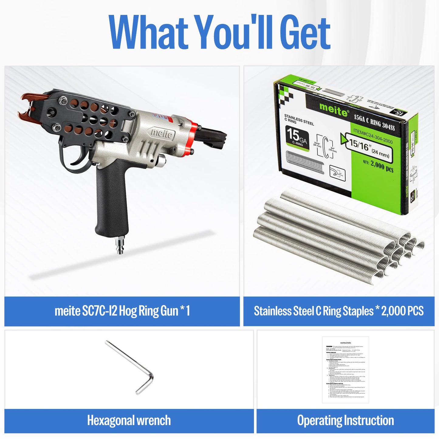 meite SC7C-I2 15GA 3/4-Inch Pneumatic Hog Ring Gun with 2,000 Counts Stainless Steel C Ring Staples