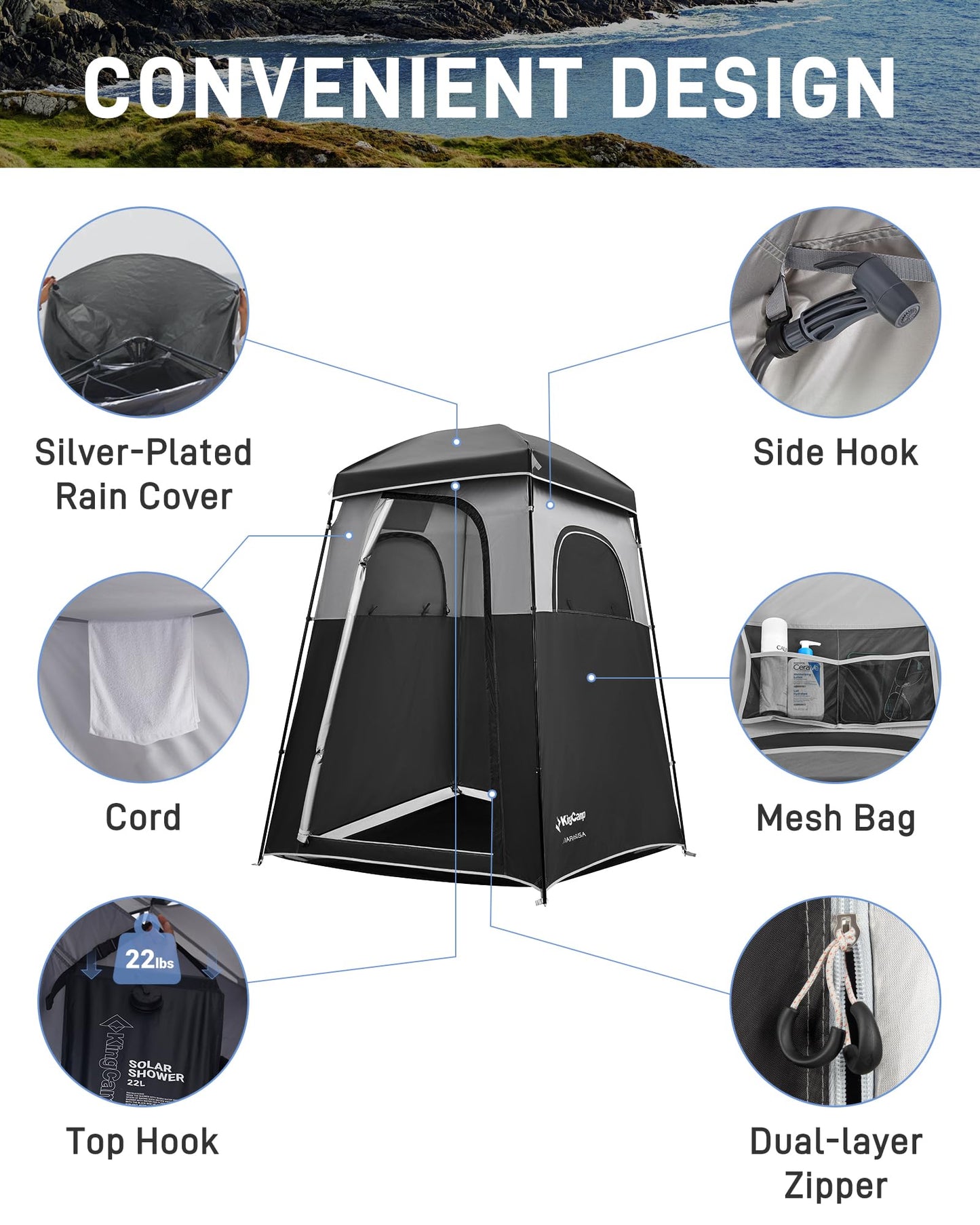 KingCamp Oversize Space Privacy Tent, Portable, Waterproof, Tall, 1 Room Black Camping Toilet Tent