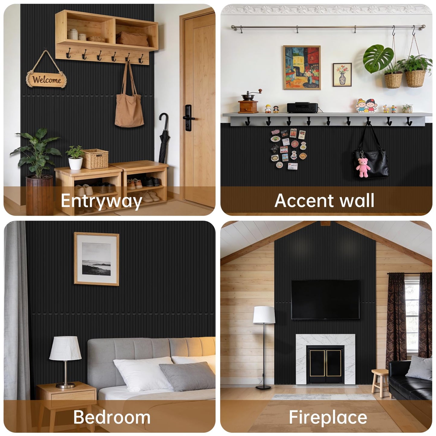 RITOLLO 8-Pack PVC Slat Wall Panels for Interior Wall Decor, 24x48in 3D Fluted Panels, 2x4 FT Cuttable Drop Ceiling Tiles for Bathroom, Studio and TV Background, Water-Proof & Renter-Friendly(Black)