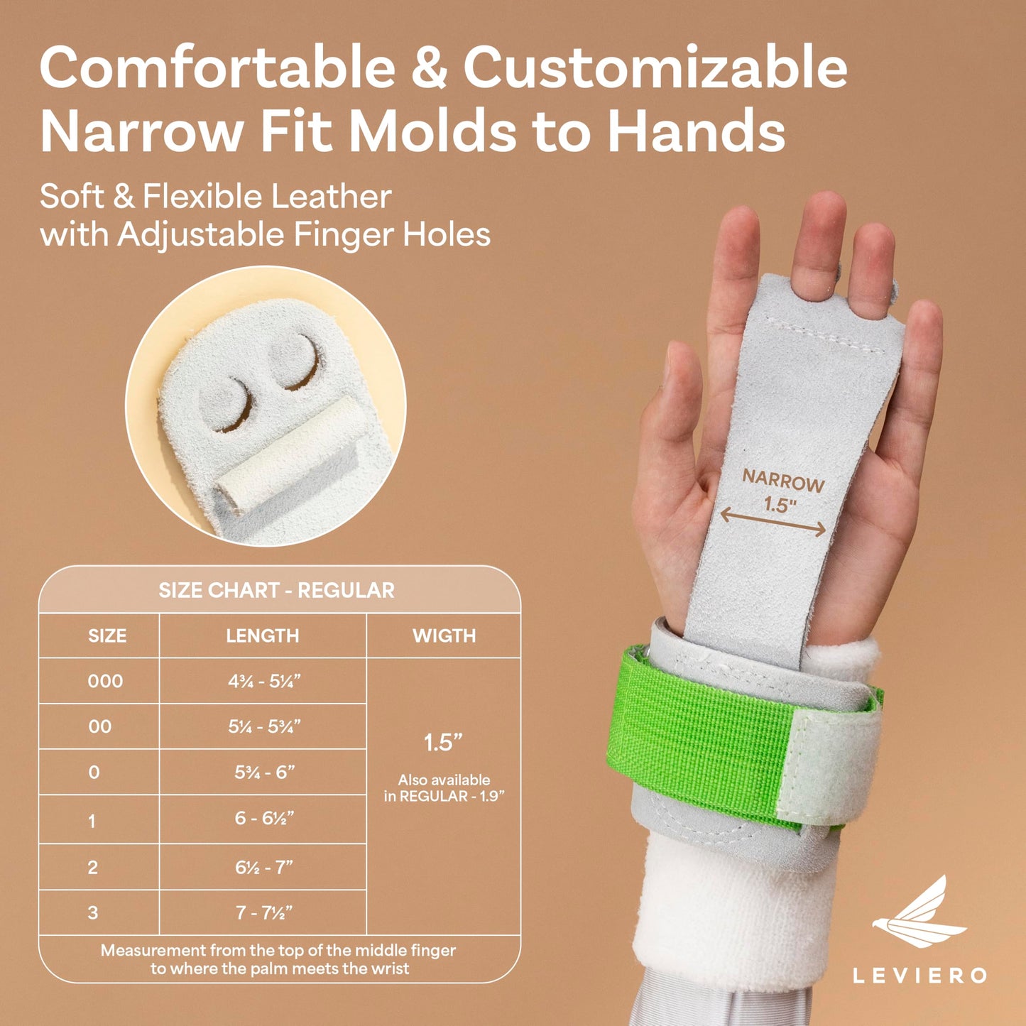 LEVIERO Gymnastics Grips Set Narrow Nippers, Grips for Gymnastics Girls, Dowel Grips with Soft Leather, Hook and Loop Wrist Straps, and Adjustable Finger Holes, for All Ages - (White, 00)