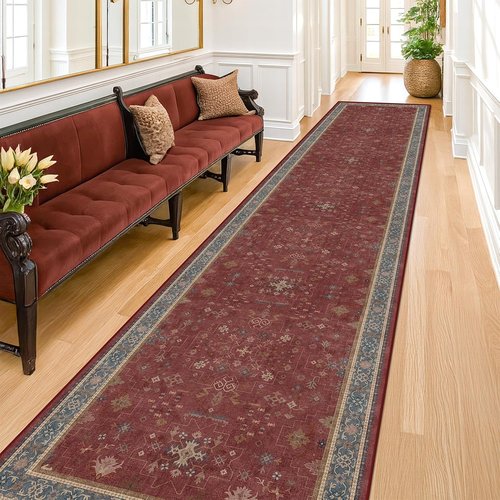 Hazo Haus Non-Slip 10ft Long Hallway Runner Rug - Washable Waterproof Burgundy 2x10 Mat | Oriental Turkish Design