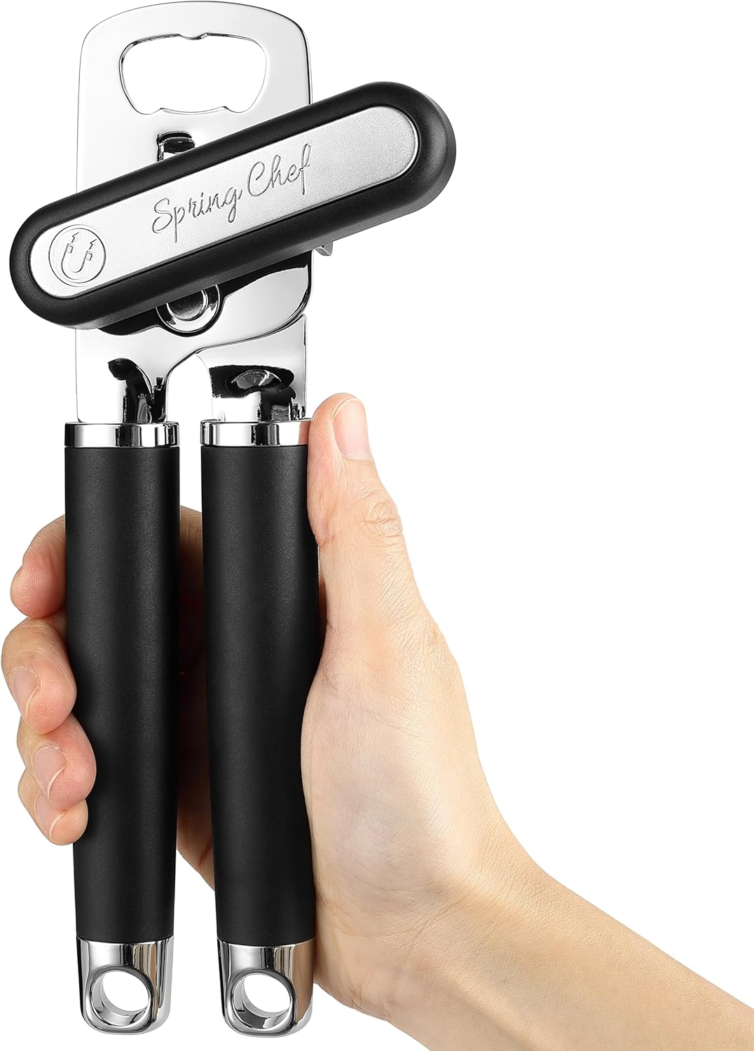Spring Chef Stainless Steel Can Opener - Heavy Duty Manual with Soft Grip Handles & Magnetic Lid Remover - Black