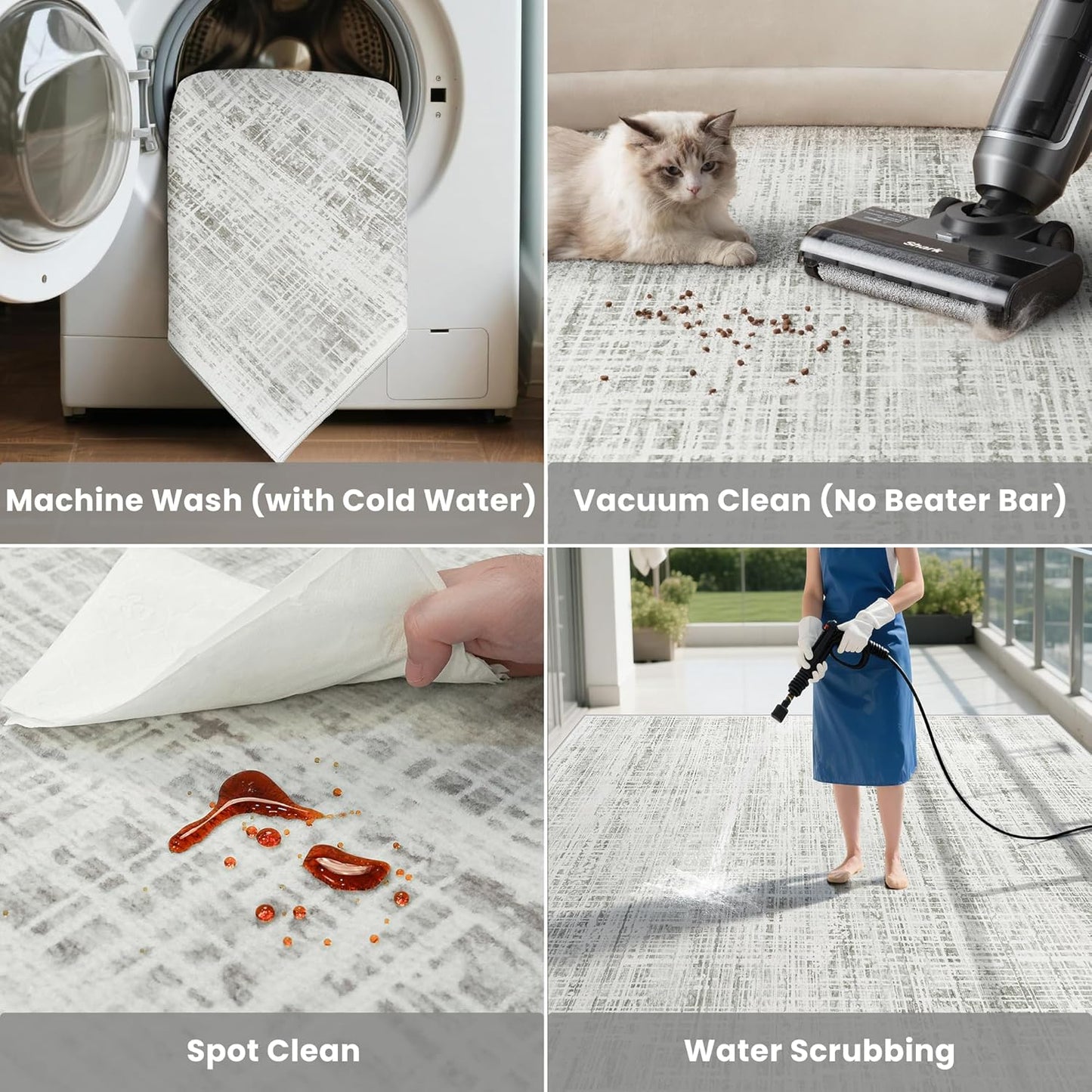 Skiennix 8x10 Area Rug - Washable Anti-Skid Abstract Design for Living Room | Soft Non-Shedding Carpet (White Gray)