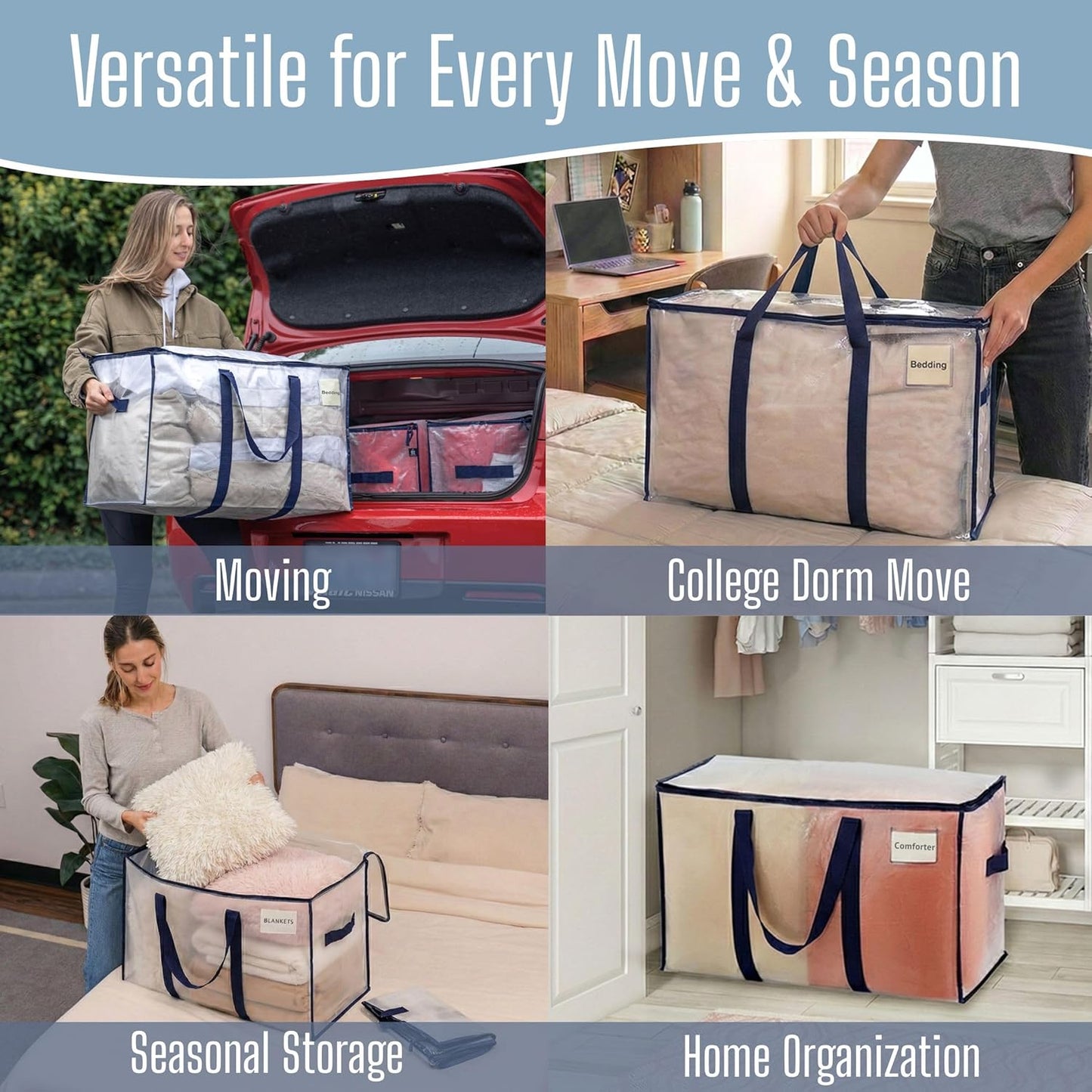 VENO Heavy Duty Moving Bags - Extra Large Storage Solution with Reinforced Handles & Strong Zippers | 6 Pack, Foldable & Reusable