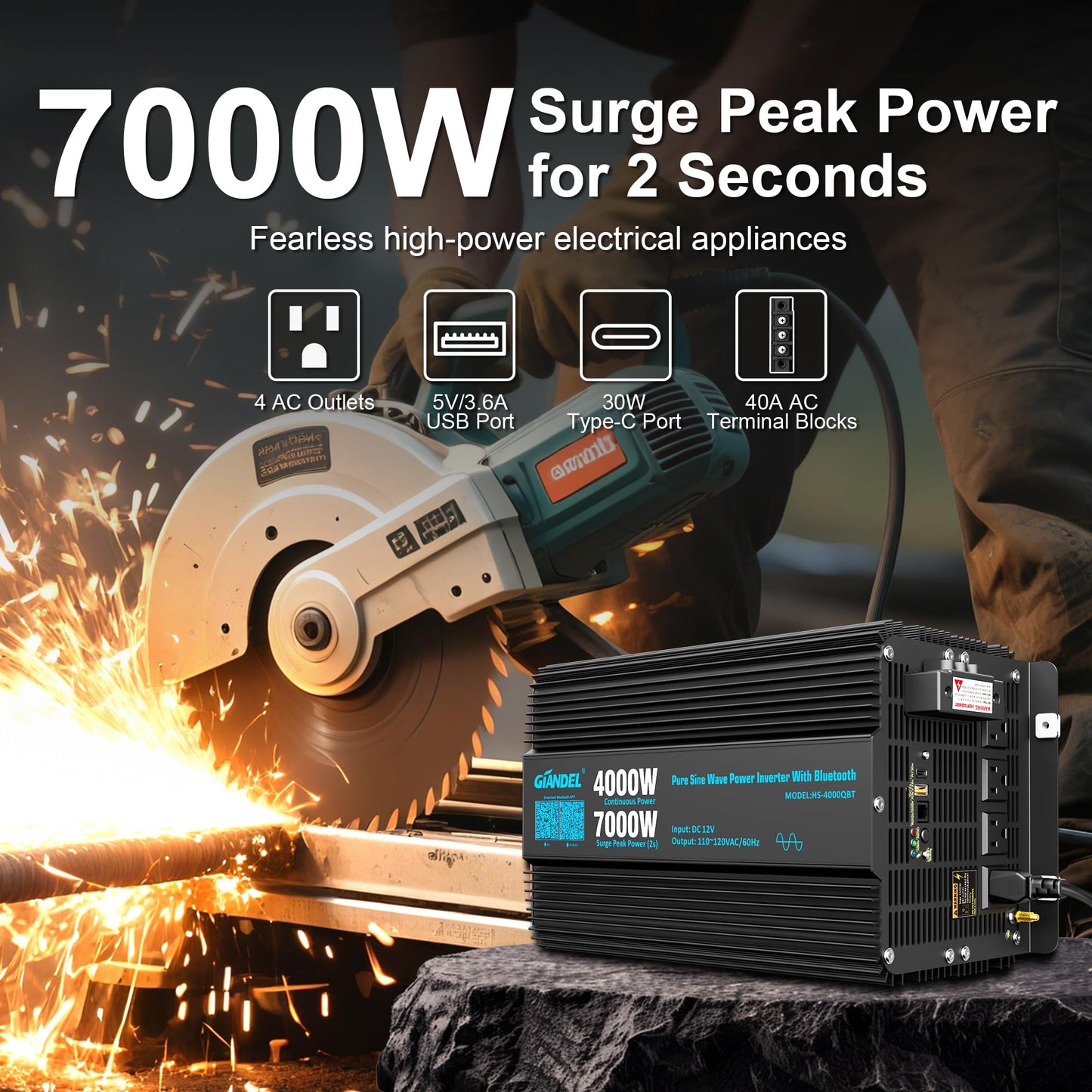 GIANDEL 4000W Pure Sine Wave Power Inverter 12V to 120V AC,7000W Surge,Compatible with All 12V Batteries,Bluetooth Control,30FT Wired Remote,FCC Approved for RV Campers Off-Grid Solar Systems