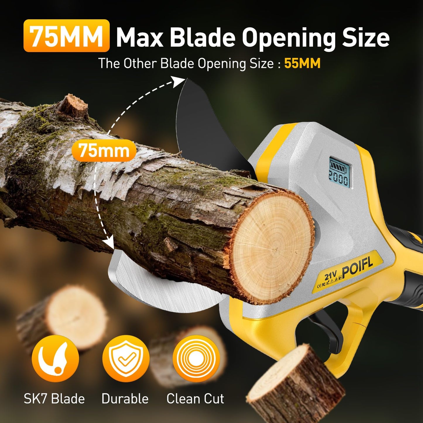 POIFL Professional Electric Pruning Shears Cordless 3.0'' Heavy Duty Electric Pruner with Brushless Motor 4000mAh Battery Electric Pruners Cordless Pruner for Branch, Fruit Plucking and Tree Trimming