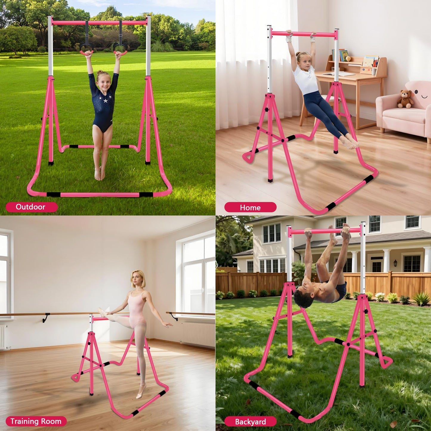 QILEBA Gymnastics Bar for Kids, Adjustable Height Gymnastic Horizontal Bars, Folding Gymnastic Junior Training Monkey Bars Equipment for Home Indoor/Outdoor Using, Pink