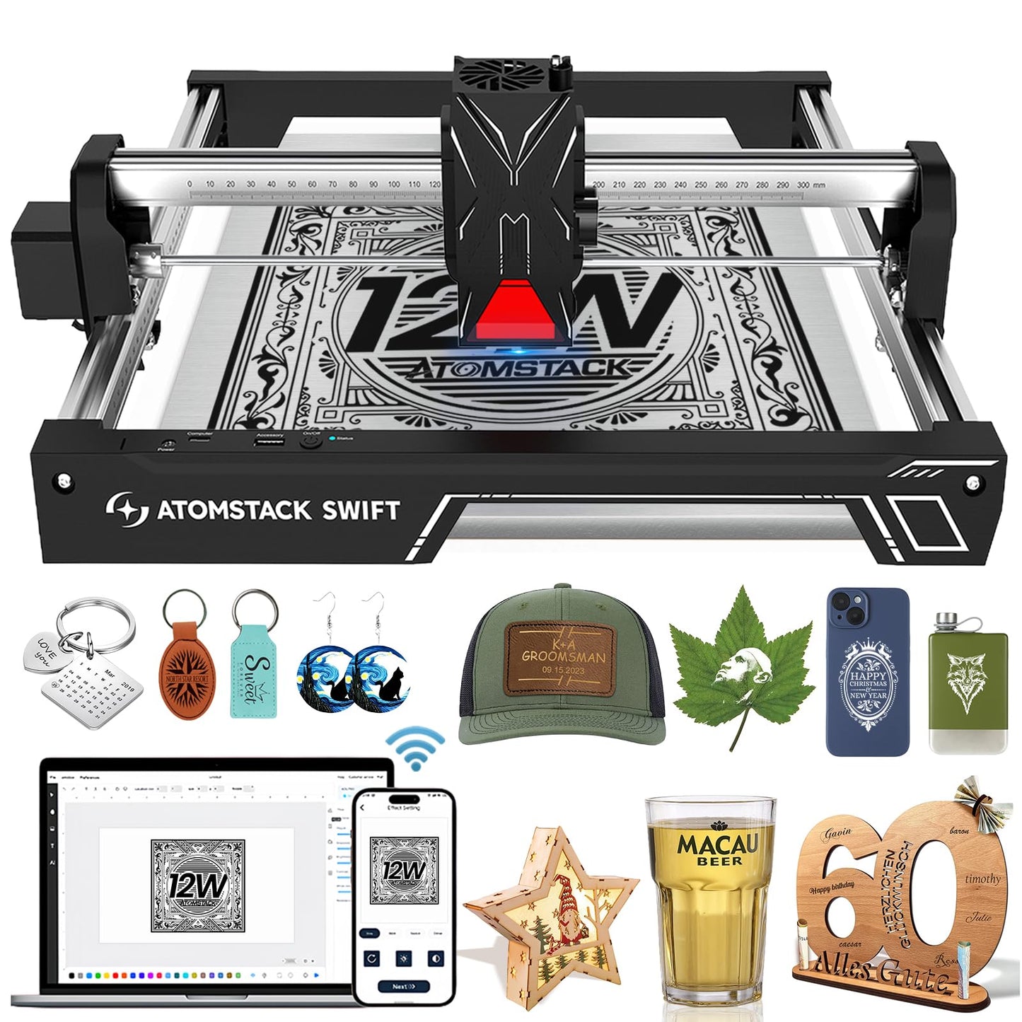 ATOMSTACK Swift Laser Engraver for Beginners, 12000mW Output Laser Cutter, Laser Class 4, 300×300mm Working Area, 0.08mm Accuacy Engraving Machine for Wood, Leather, Coated Metal, Acrylic (Swift 12W)