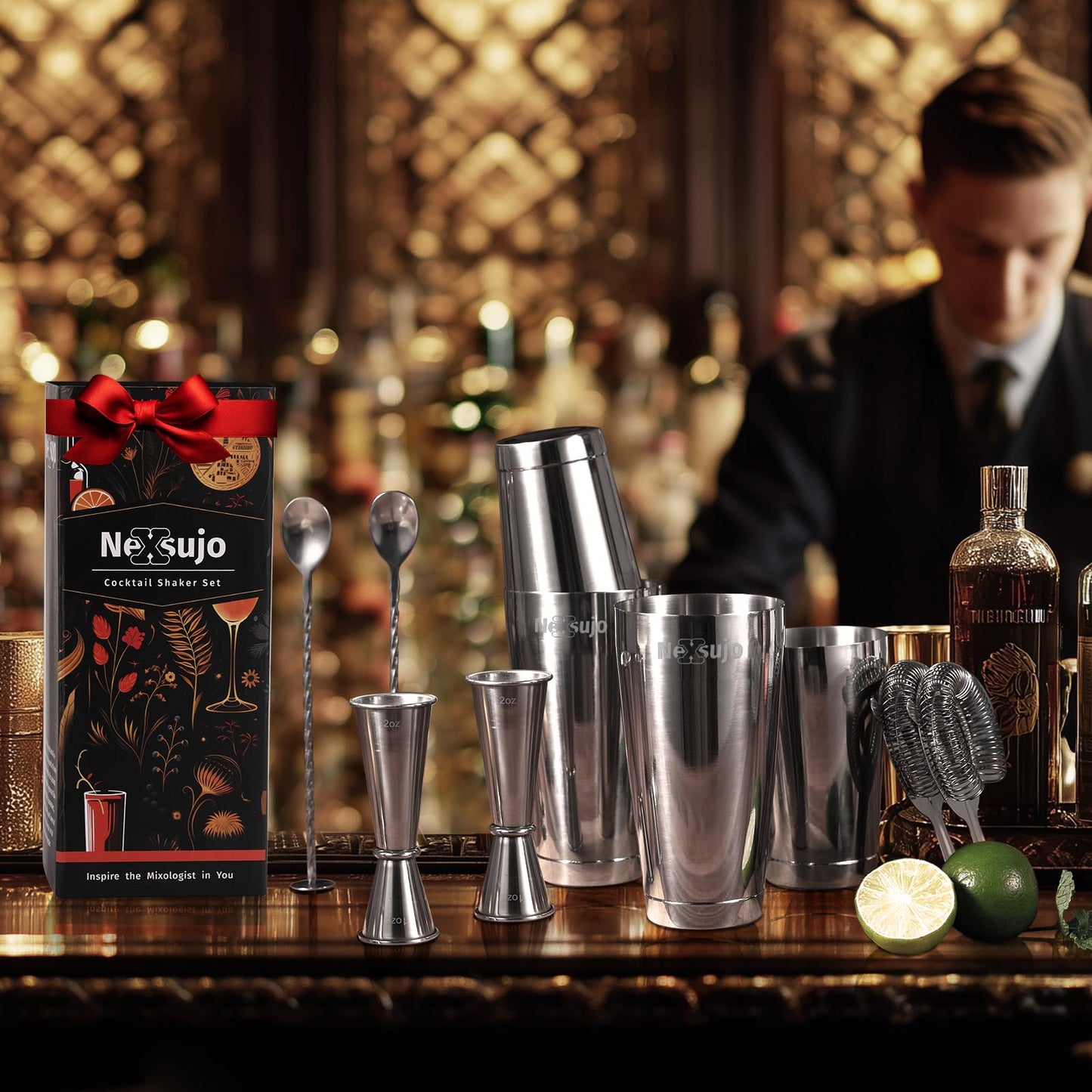 Nexsujo Boston Cocktail Shaker, 8-Piece Professional Shaker Set, Stainless Steel Bar Tools Set with Boston Shaker, Bar Spoon, Jigger, Hawthorne Strainer, Dishwasher Safe, Ideal Bartender Kit for Bar