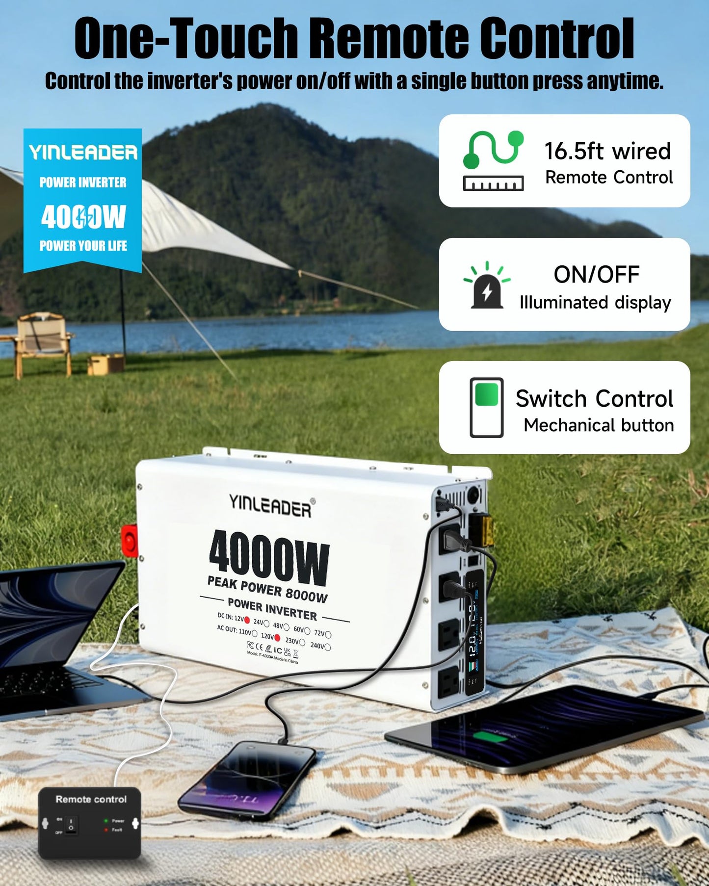 4000W Power Inverter 12V to 110V/120V, Solar Inverter Remote for RV Camping Off-Grid Solar Inverter Systems