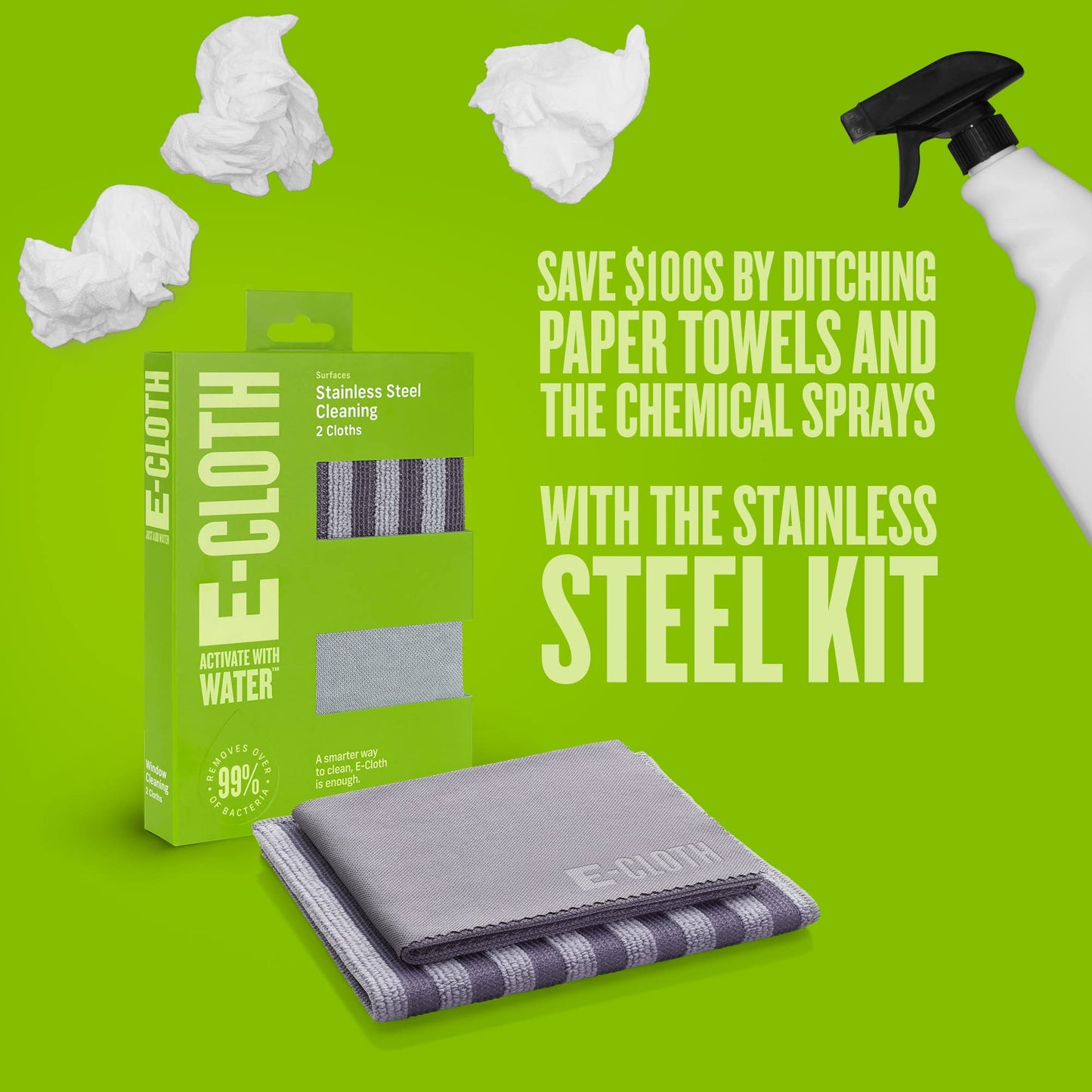 E-Cloth Stainless Steel Microfiber Cleaning Cloth Kit - Stainless Steel Cleaner for Appliances, Oven, Stove, & More - Microfiber Towels for Cars - Reusable Cloths for Cleaning