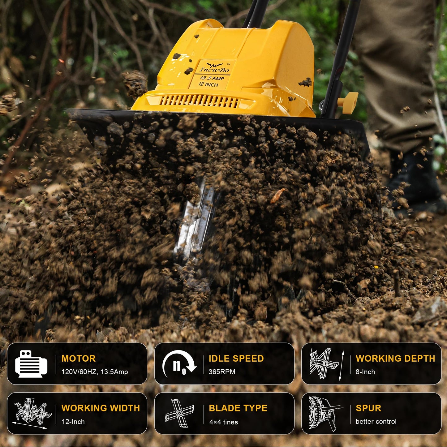 IncwBo Electric Tiller/Cultivator 4 Steel Tines, 8'' Tilling Depth Garden Roto Tillers for Gardening, 13.5 Amp 12 Inch Corded Rototiller with Adjustable Wheels, Yellow