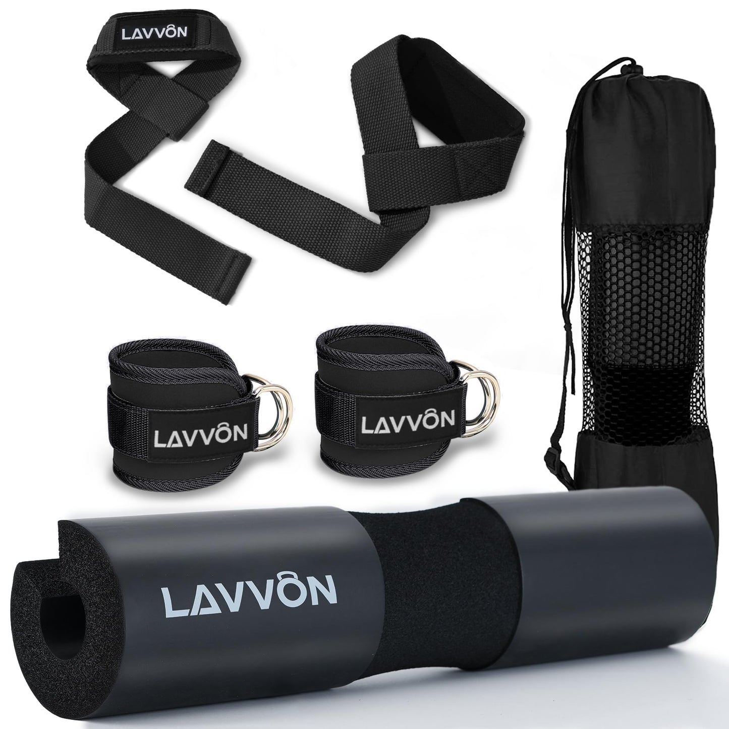 Squat Pad Set - Foam Barbell Pad for Squats Cushion, Lunges & Bar Padding for Hip Thrusts -Standard Olympic Weight Bar Pad,Gym Accessories for Women(Ankle Straps,Wrist Straps for Weightlifting)(Black)