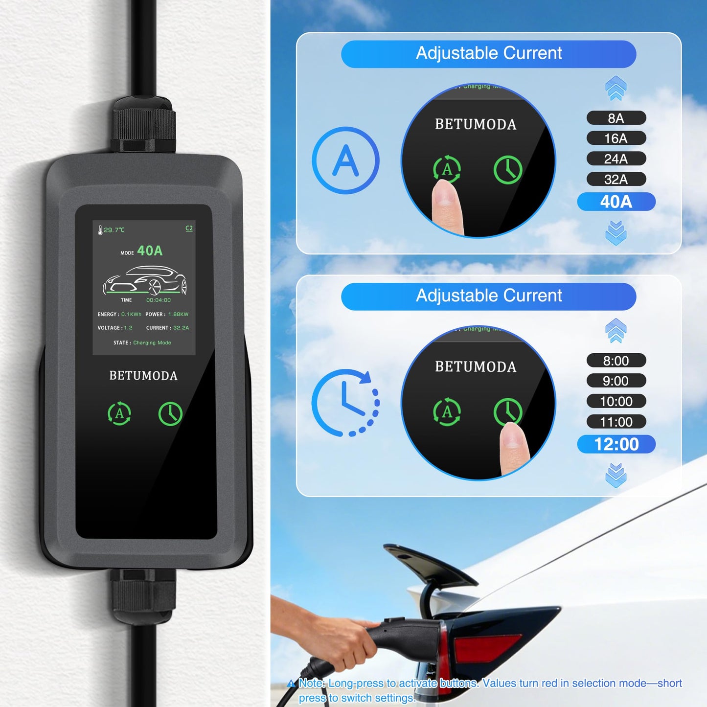 BETUMODA Level 2 EV Charger, 25ft,110V-240V, Portable Charger for Home/Outdoor,NEMA14-50 Plug and NEMA 5-15 Adapter Compatible with All J1772 Electric Cars/PHEV (Tesla Need Adapter) (40, Amps)