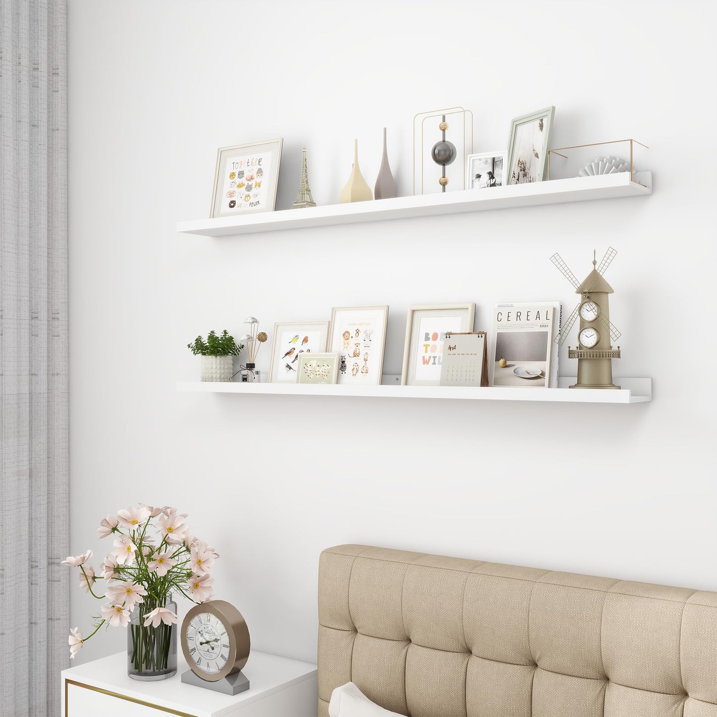 Acovy Picture Ledge Shelf, Wood Long Floating Shelves for Wall, Set of 2, 48 inch Picture Ledge Shelves, Photo Ledge Nursery Book Shelves Wall Mounted for Living Room Kids' Room Bedroom, Color White