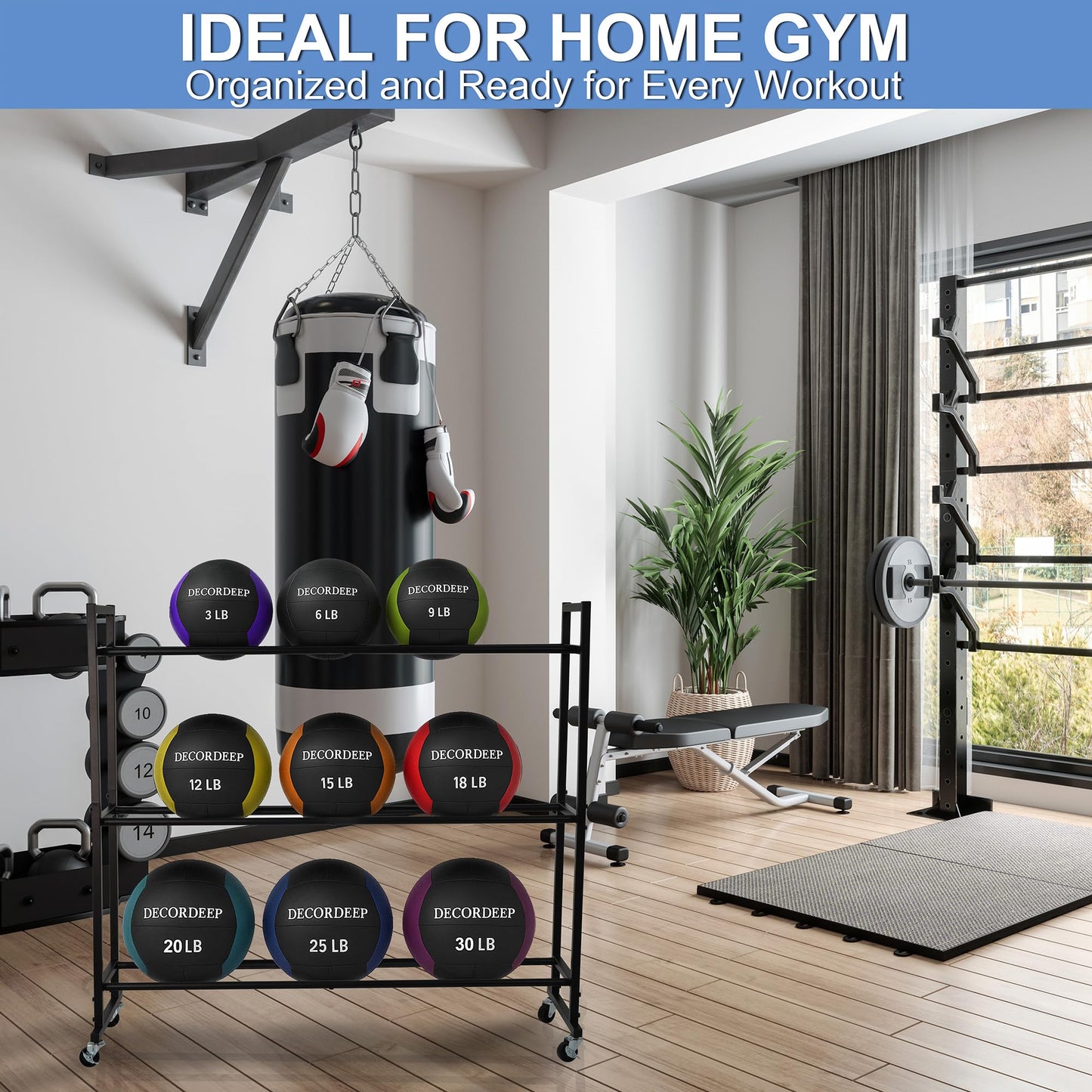 DECORDEEP Medicine Ball Rack, Heavy Duty Medicine Ball Storage Stand, Rolling Med Ball Holder and Organizer for Home, Gym