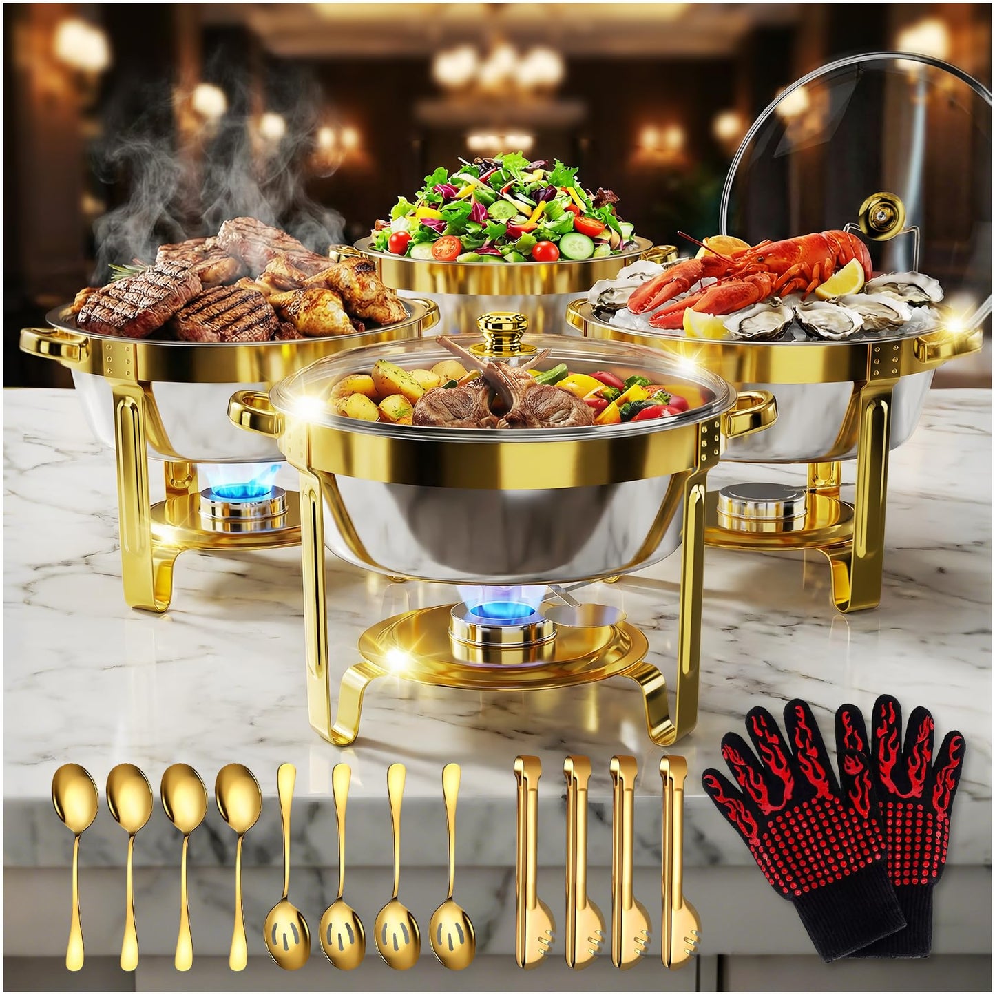 Gold Chafing Dishes for Buffet Set of 4 Pack, 6QT Round Buffet Servers and Warmers Set with 4 Spoons, 4 Slotted Spoons, 4 Tongs, 2 Gloves, Chafers and Buffet Warmers Sets for Wedding, Birthday, Party
