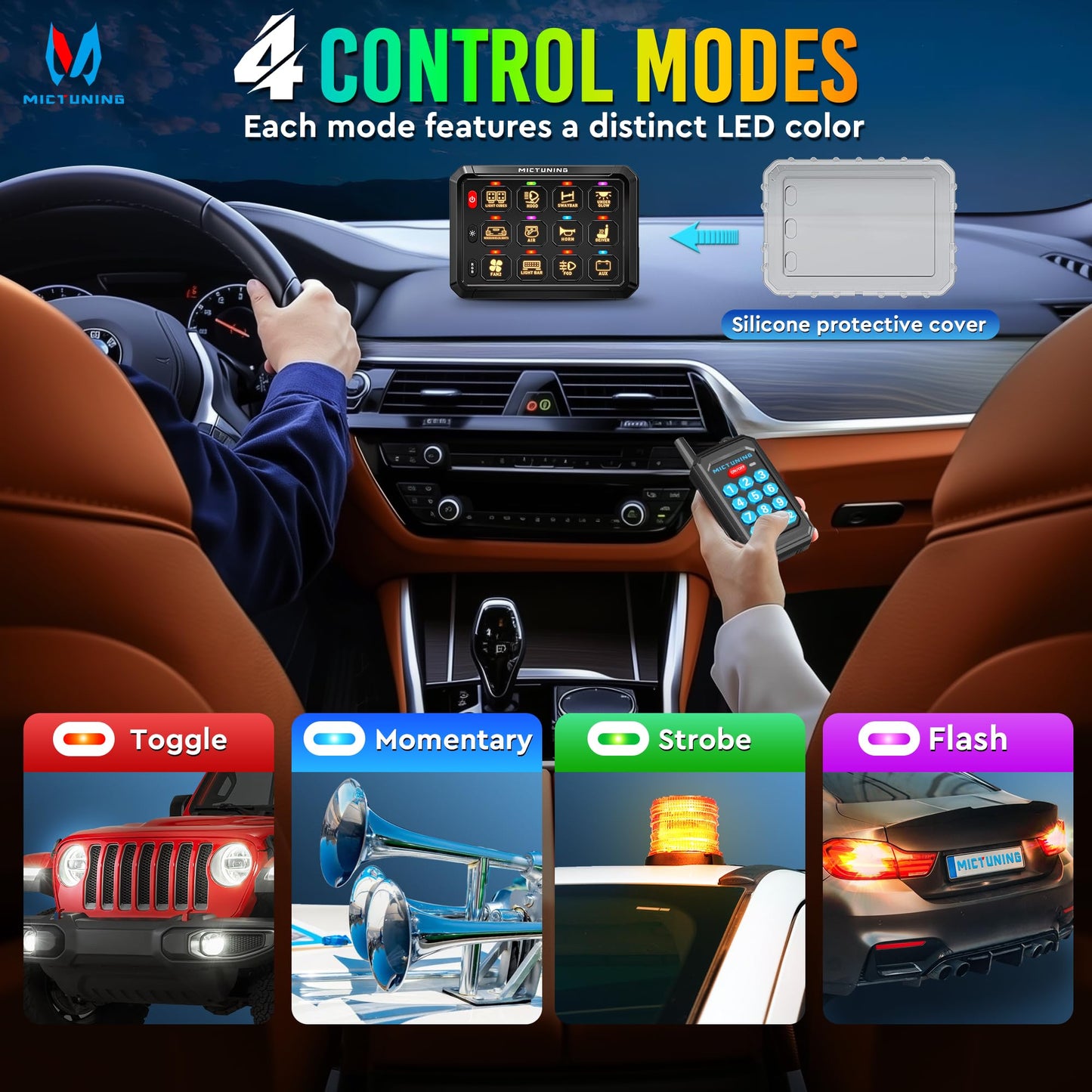 MICTUNING P1Y RGB 12 Gang Switch Panel Remote Control Range Up to 230FT, Multifunction Toggle Momentary Strobe Pulsed Switch Pod BacklitOff 6 Level Brightness Silicone Cover Circuit System Box for Car