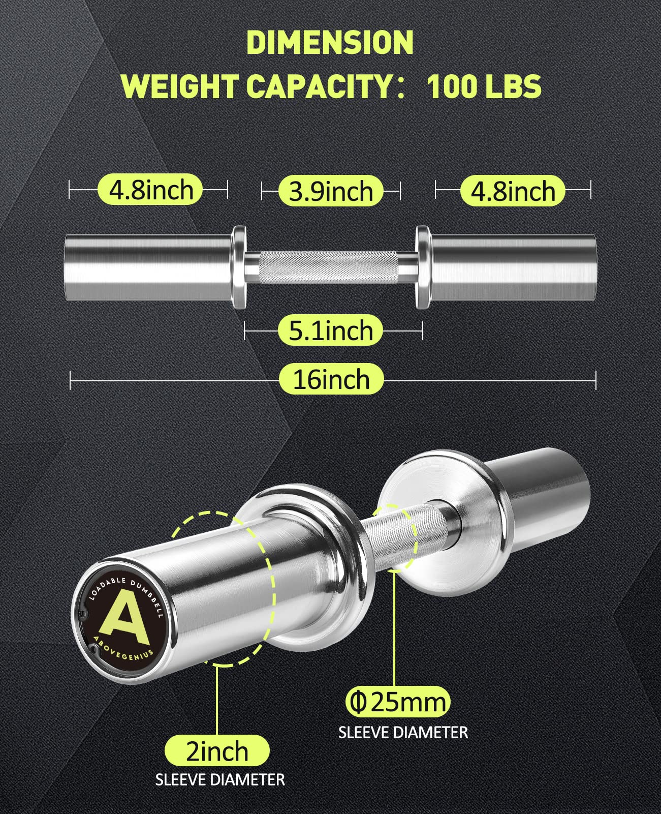 AboveGenius 16" Olympic Dumbbell Handles, Solid Steel Loadable Weight Bars for 2-Inch Plates, Adjustable Home Gym Strength Training Equipment (Includes 4 Spring Collars)
