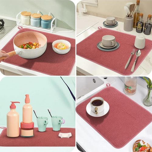 GeeRic Microfiber Dish Drying Mat - Super Absorbent Reversible Kitchen Pad | 15x20 Inch Red