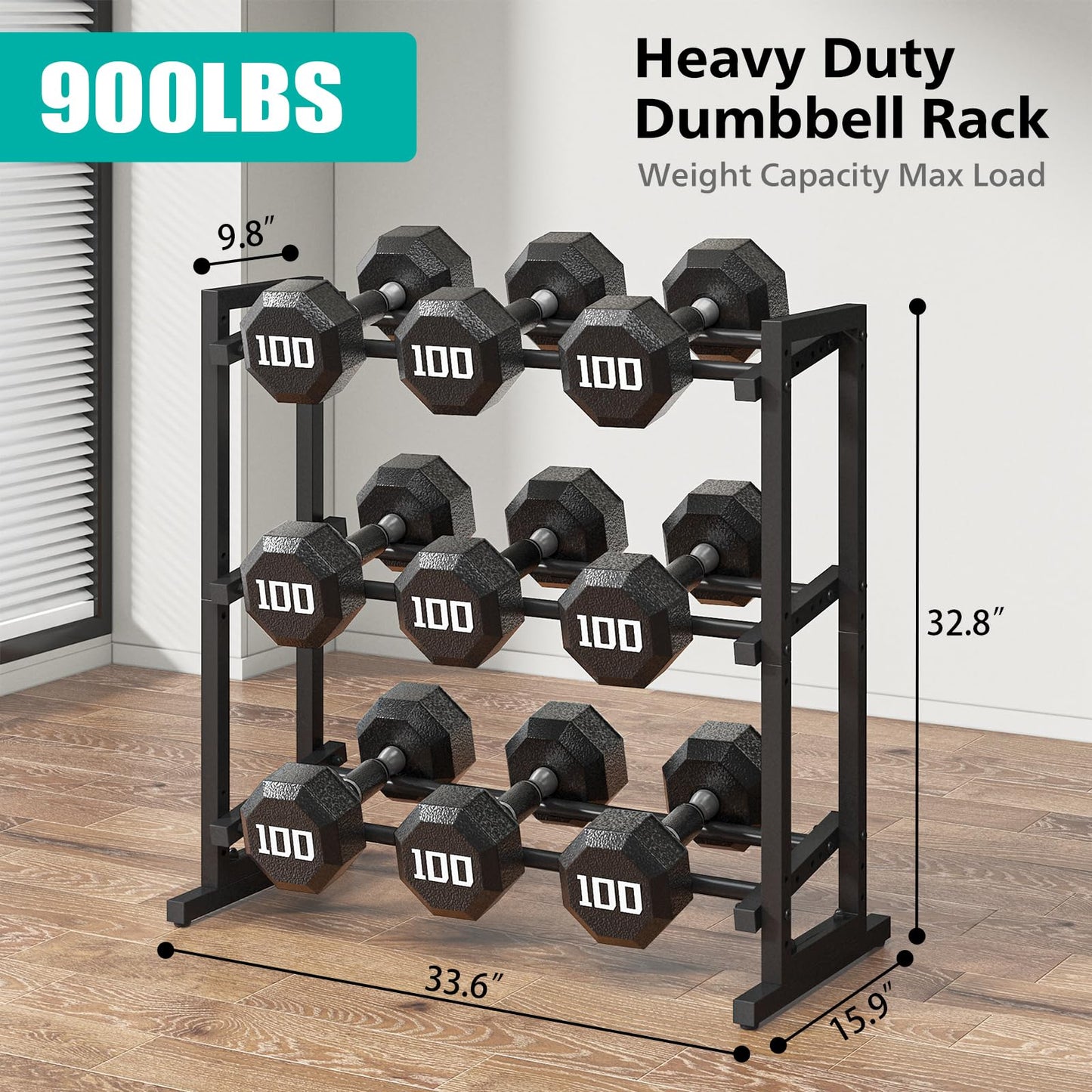 Kificet 3 Tier Adjustable Dumbbell Rack, 33.6-Inch Weight Rack for Home Gym, Extended Base kettlebell holder for Home Gym, Space-Saving Dumbbell Stand - 900LBS Capacity (Rack Only)
