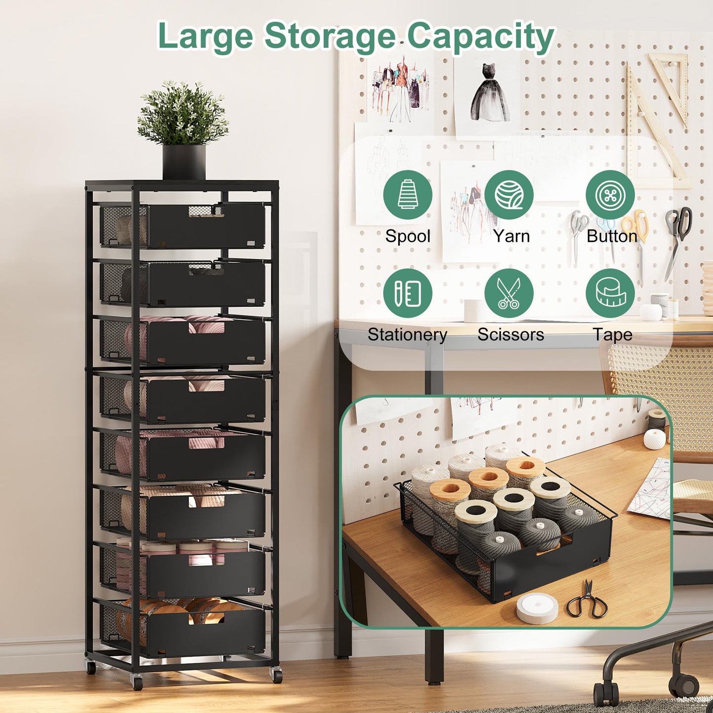 EasyPAG Rolling Storage Cart With 8 Drawers, Metal Craft Organizers And Storage Cart With Wood Tabletop, 30 Lbs Capacity Per Drawer For Home Office Classroom And Dorm, Black