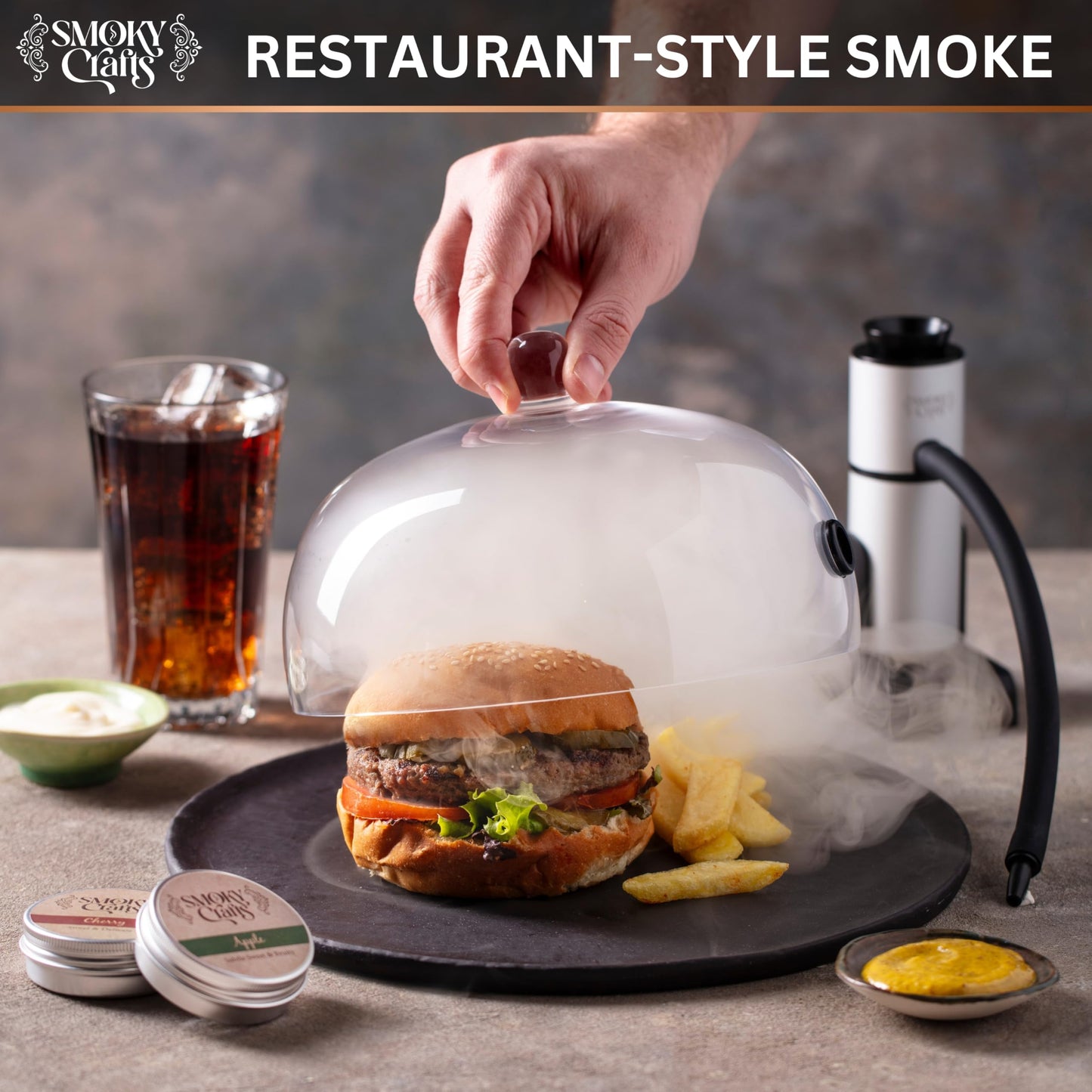 Smoky Crafts Food & Whiskey Smoker Kit with Updated Smoke Gun, 8" Glass Dome, Acacia Wood Top and Apple & Cherry Wood Chips - Old Fashioned Drink Smoker Kit