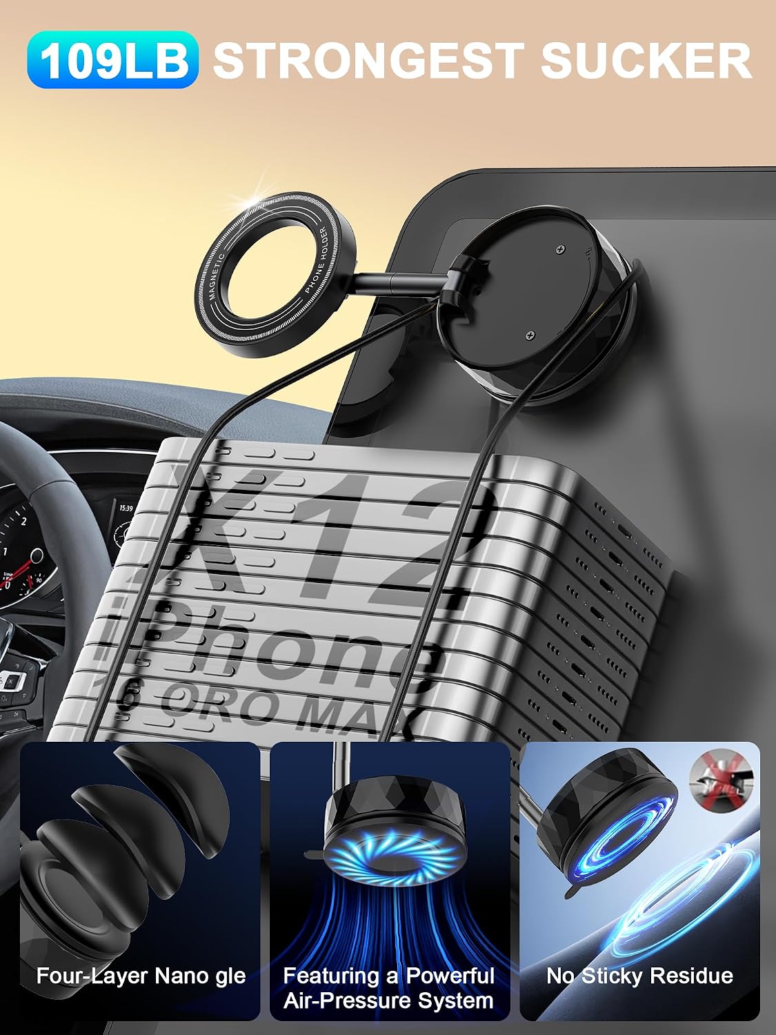 Bensejk 360Adjustment, 12-17(Black) Vacuum Magnetic Phone Holder, Magnetic Phone Holders for Car, Suction Cup & Strong