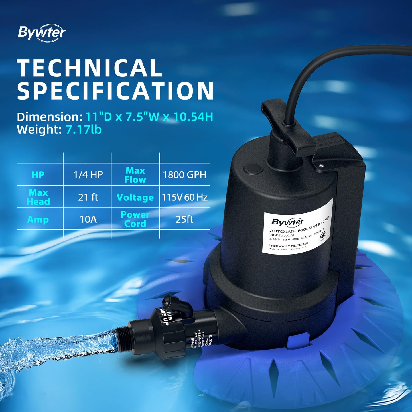 Bywter Pool Cover Pump, 1/4HP Automatic Swimming Pool Cover Pump, 1800 GPH Submersible Sump Pump with Check Valve Adapter for 3/4" & 1-1/4" Hoses and 25ft Power Cord, Water Removal for Pool Cover