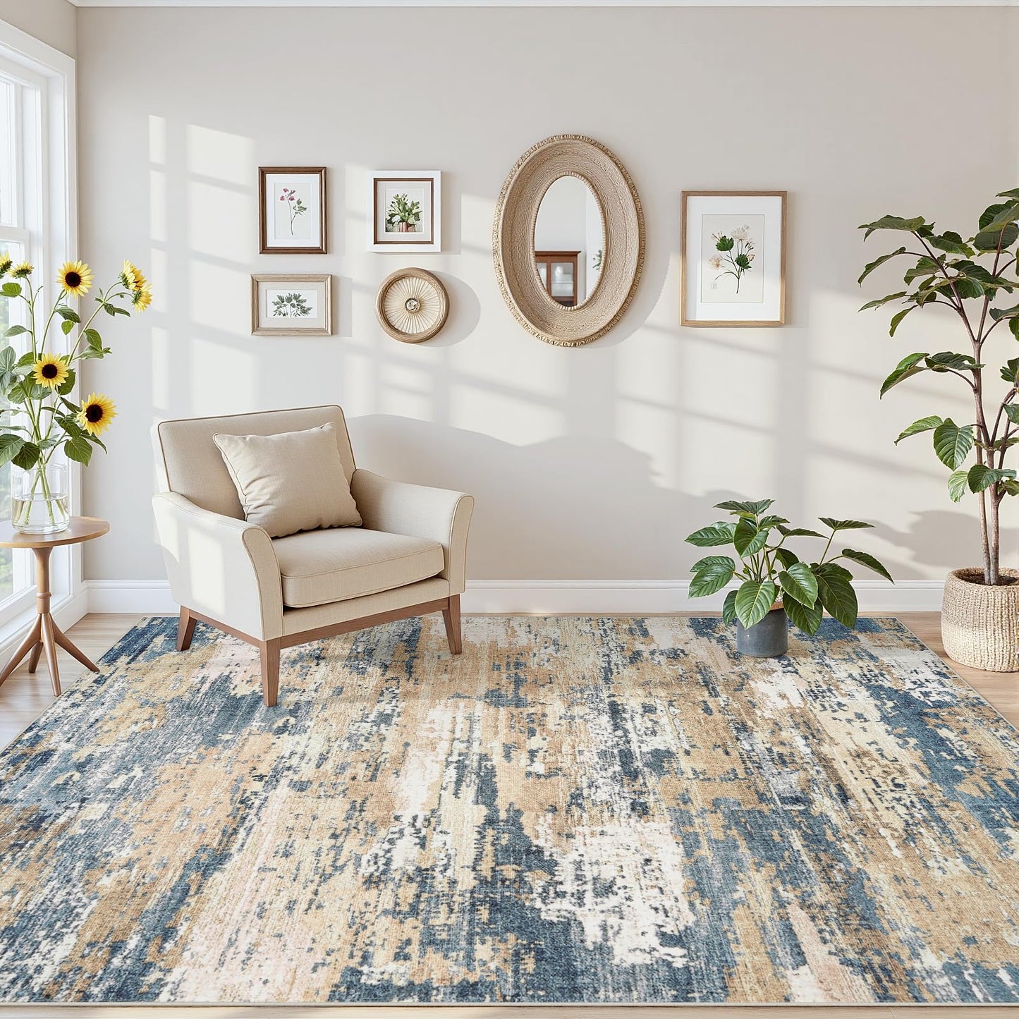Area Rugs 5x7 Living Room: Large Soft Washable Rug Modern Abstract Anti-Skid Non-Shedding Carpet Indoor Floor Thin Carpets for Bedroom Dining Room Farmhouse Nursery Home Office Brown Blue