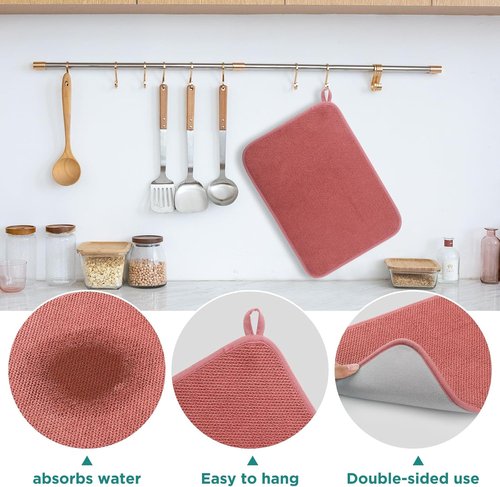 GeeRic Microfiber Dish Drying Mat - Super Absorbent Reversible Kitchen Pad | 15x20 Inch Red